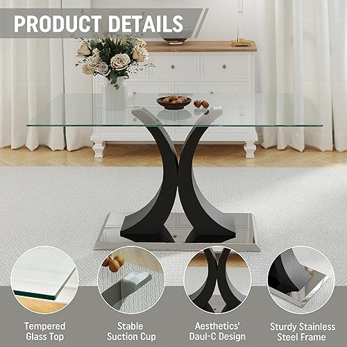 Miniatura 6 de Moderno juego de mesa de comedor rectangular de vidrio para 4, 63 pulgadas, mesa transparente de cocina de lujo con base negra y plateada, 4 sillas