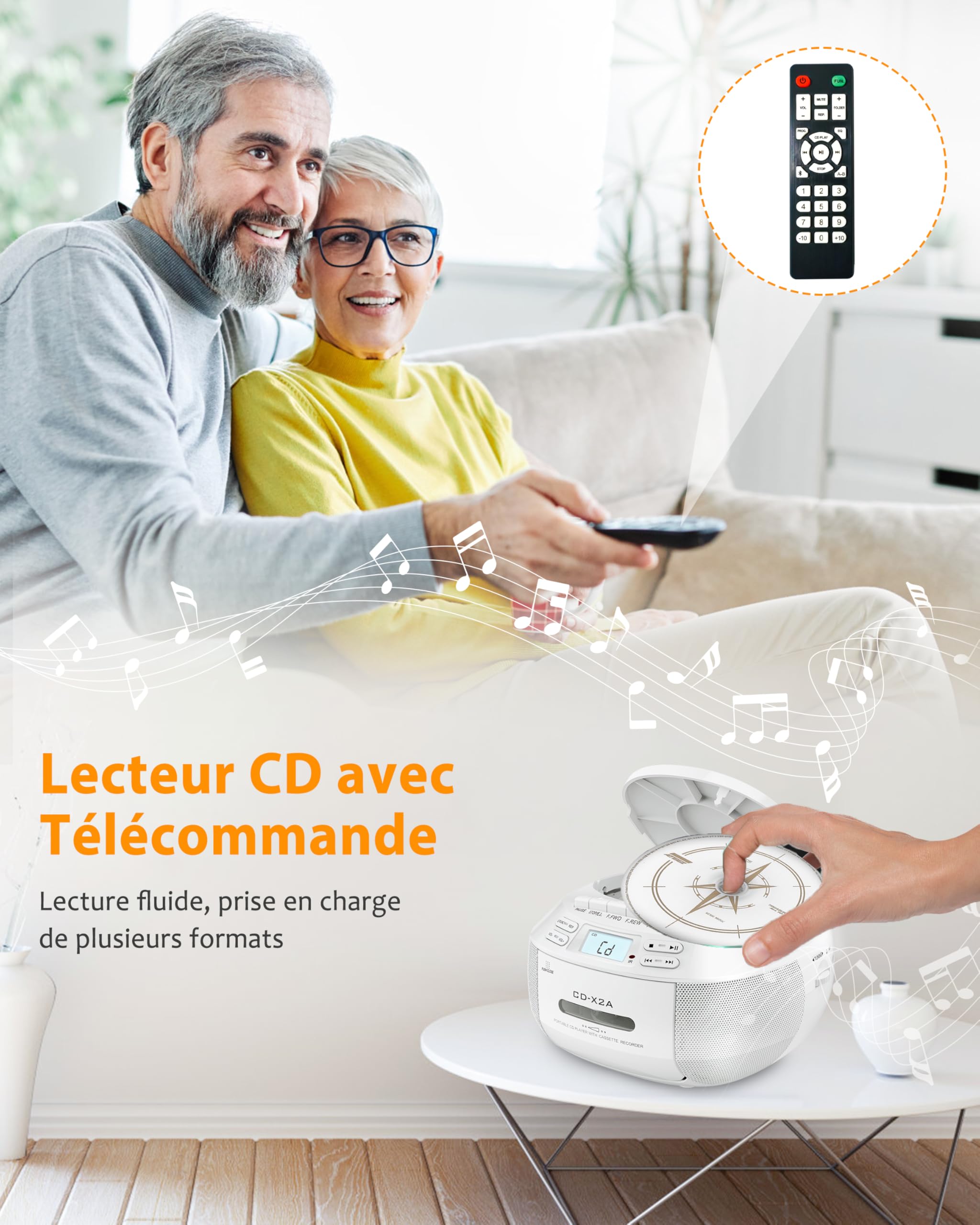 Greadio Lecteur CD Boombox avec Bluetooth, Radio FM, Lecture USB/AUX, Son stéréo avec télécommande, Enregistrement sur Bande, Alimentation CA/CC, lecteurs CD personnels pour la Maison (Blanc)