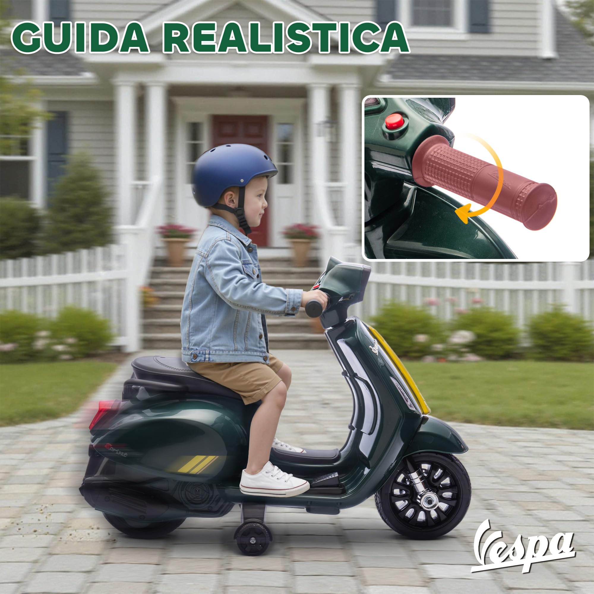 AIYAPLAY Moto Elettrica per Bambini con Licenza Vespa Ufficiale, Motorino per Bambini con Batteria Ricaricabile 6V e Rotelle, Luci e Clacson, Età 2-4 Anni, Verde Scuro