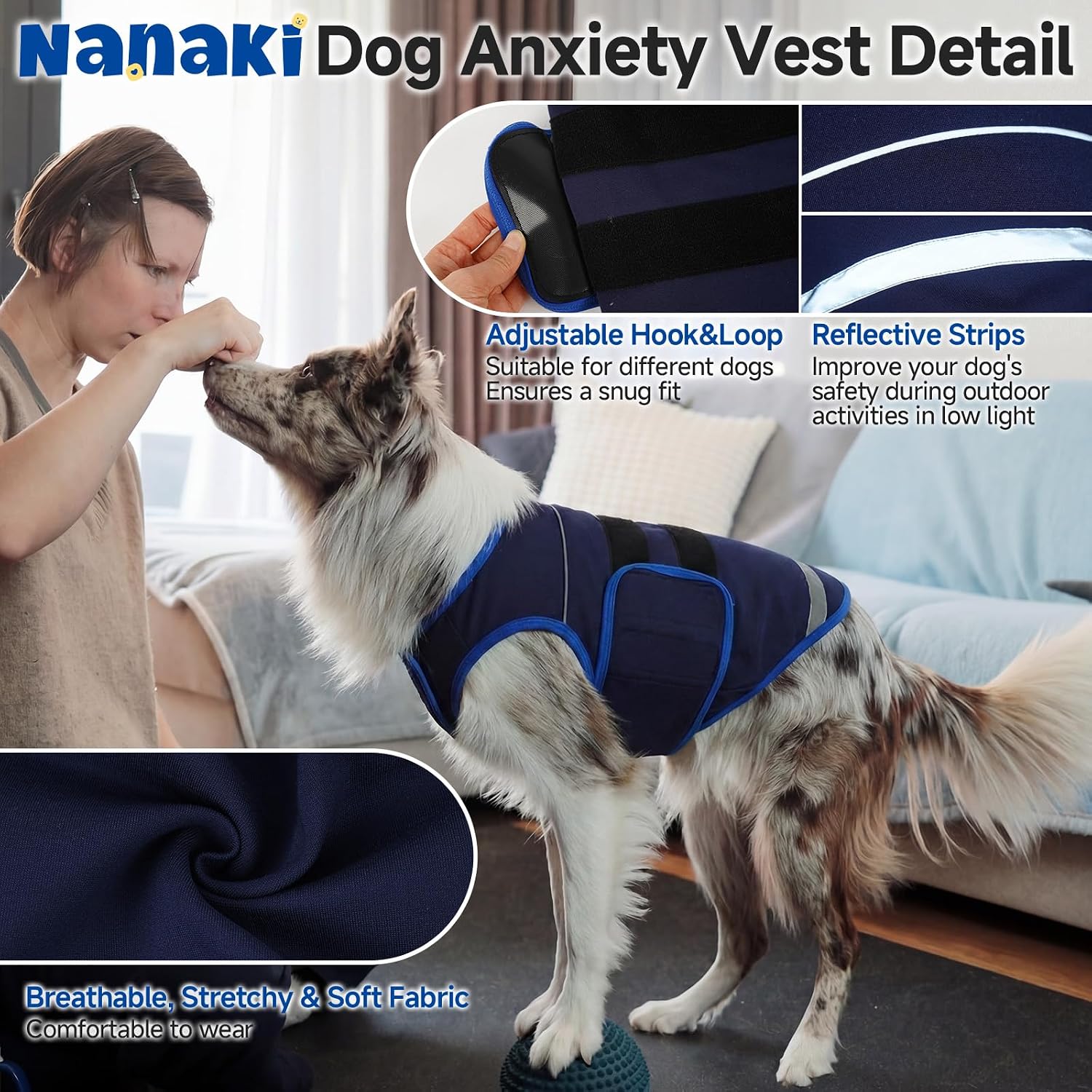 Nanaki Small Dog Anxiety Vest-Adjustable Dog Calming Vest for Fireworks,Thunderstorm,Separation-Thunder Coat for Dogs Anxiety Relief, Vet Visit, Car Rides, Grooming to Stop Shaking & Barking, Navy,S