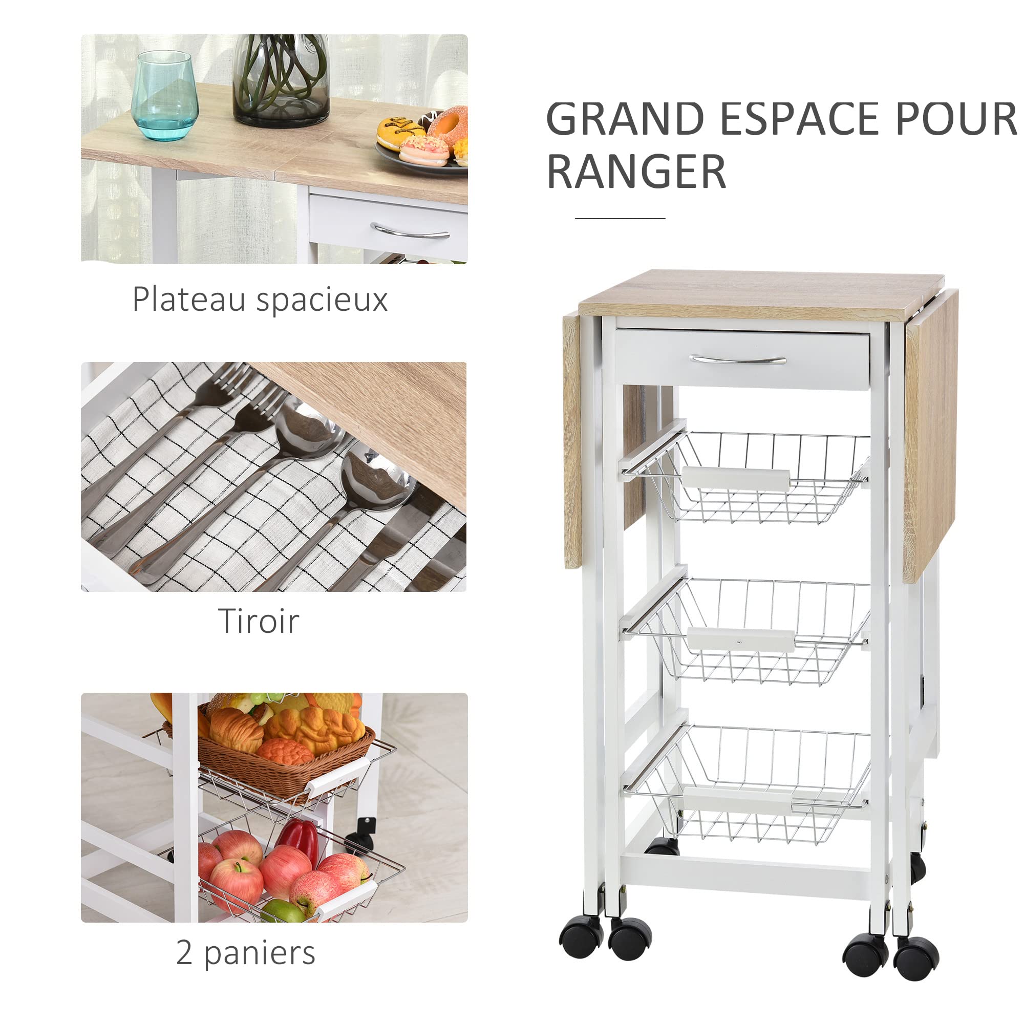 HOMCOM Chariot de Service Multi-Rangements Tiroir MDF Blanc Chêne Clair | Desserte de Cuisine à Roulettes, 3 Paniers Métal, Rallonges