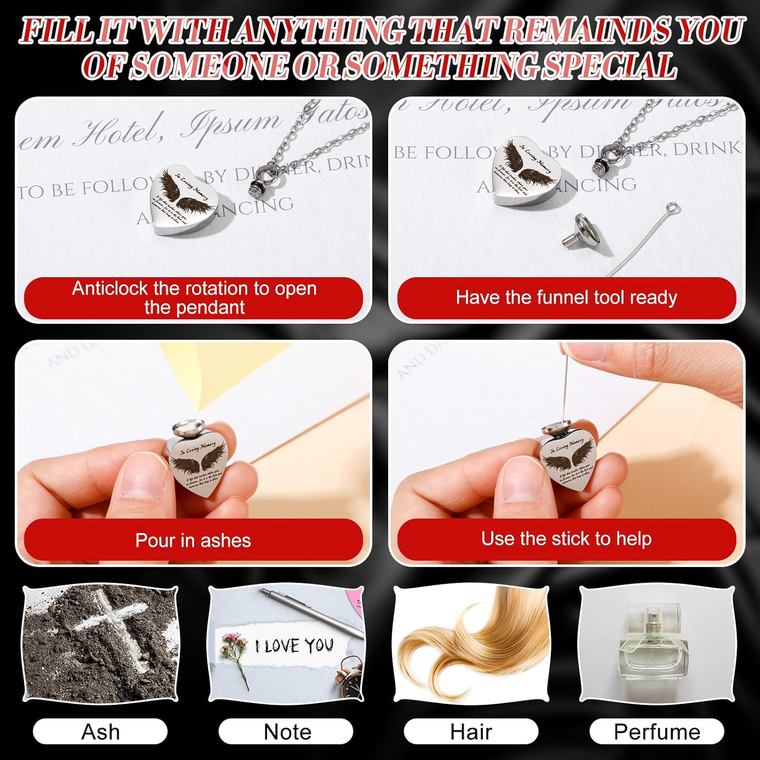 Ecation 12 Set Small Urn Cremation Jewelry Necklaces for Ashes Stainless Steel Keepsake Urns Memorial Locket Mini Ash Holders Waterproof for Human Adult Female Male Family Loved One(Red)