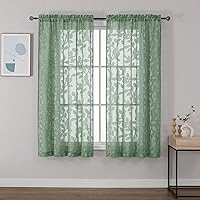 OVZME Sage Green Jacquard Leaf Sheer Curtains 42x63 Inch 2 Panels - Textured Light Filtering Voile Drapes for Bedroom Living Room