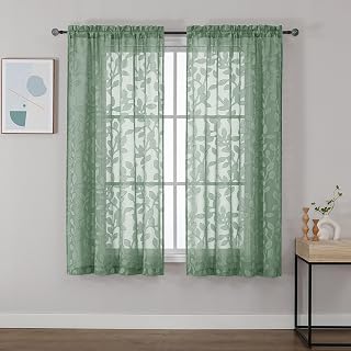 OVZME Sage Green Jacquard Leaf Sheer Curtains 42x63 Inch 2 Panels - Textured Light Filtering Voile Drapes for Bedroom Living Room