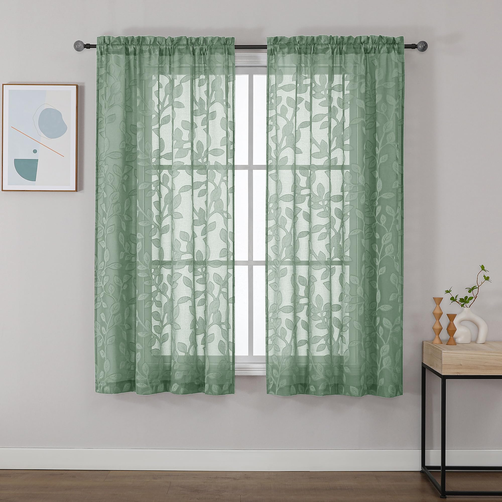 OVZME Sage Green Sheer Curtains 63 inches Long 2 Panels for Living Room, Jacquard Clip Leaf Pattern Textured Light Filtering Window Semi Sheer Voile Drapes for Bedroom, Each Panel 42 x 63 Inch