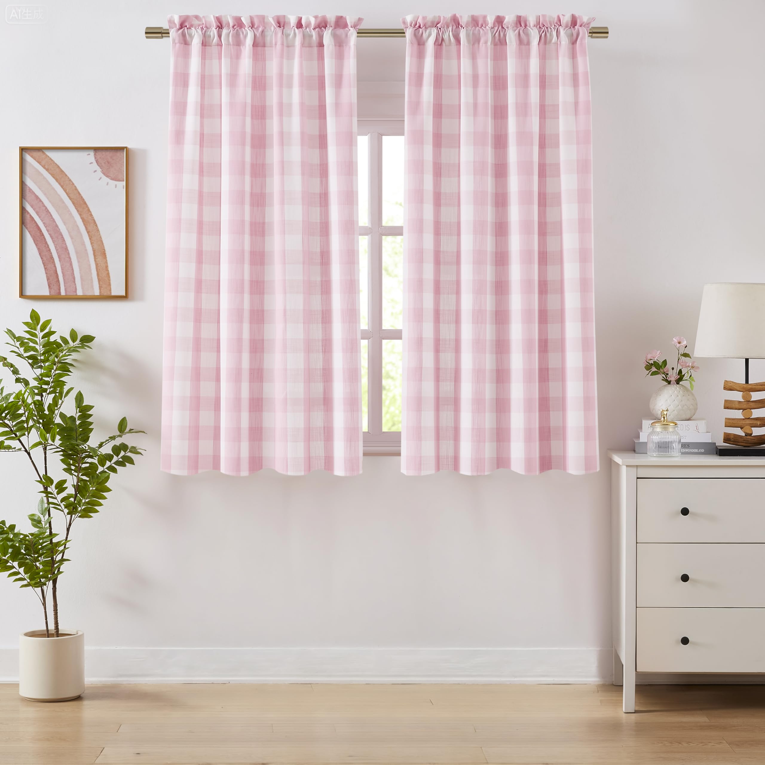 Bapawfish 63 Inch Pink White Buffalo Plaid Semi Sheer Curtains