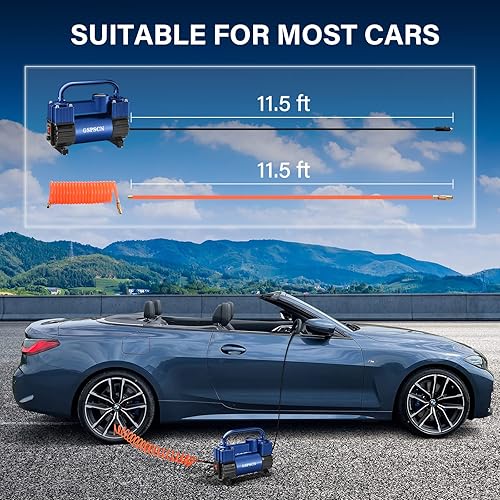 Vista 27 de GSPSCN Inflador de neumáticos de doble cilindro resistente, compresor de aire portátil de metal DC 12V - Accesorios para automóvil, bomba de Titanio