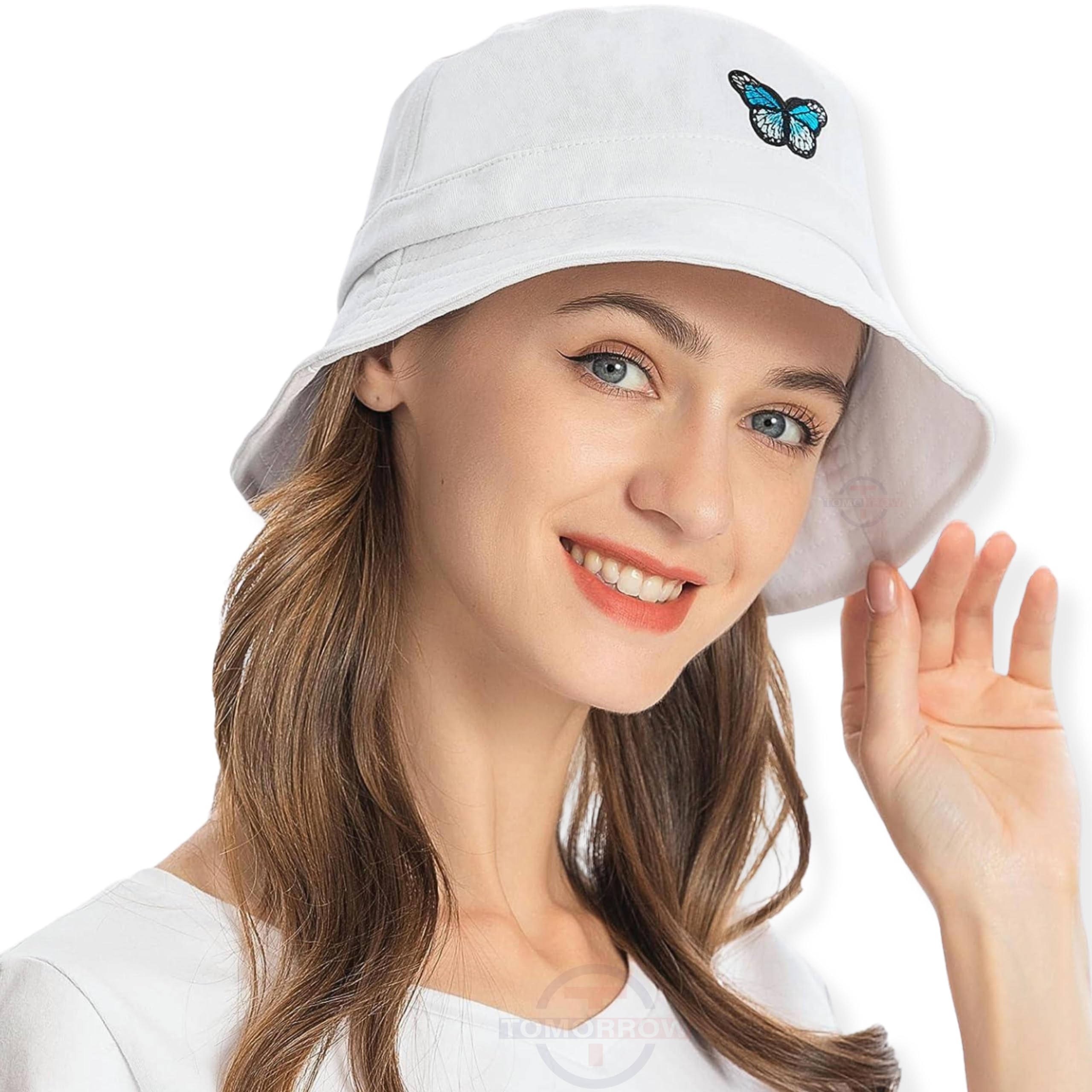 Butterfly Embroidered Women's Cotton Bucket Hat | White Color Cotton Fabric Caps | Stylish and Comfortable Sun Protection Cap, Medium-image-24