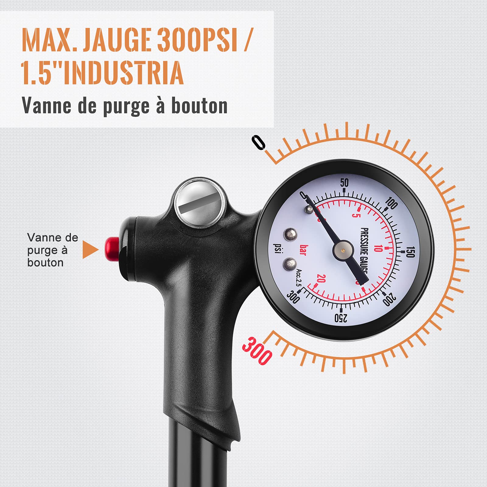 Diyife Pompes Amortisseurs avec Baromètre, [300 PSI] Haute Pression Pompe d'Amortisseur, Mini Portative Shock Pump, pour Fourche Avant de Suspension Arrière, Vélos, Fauteuils Roulants, VTT