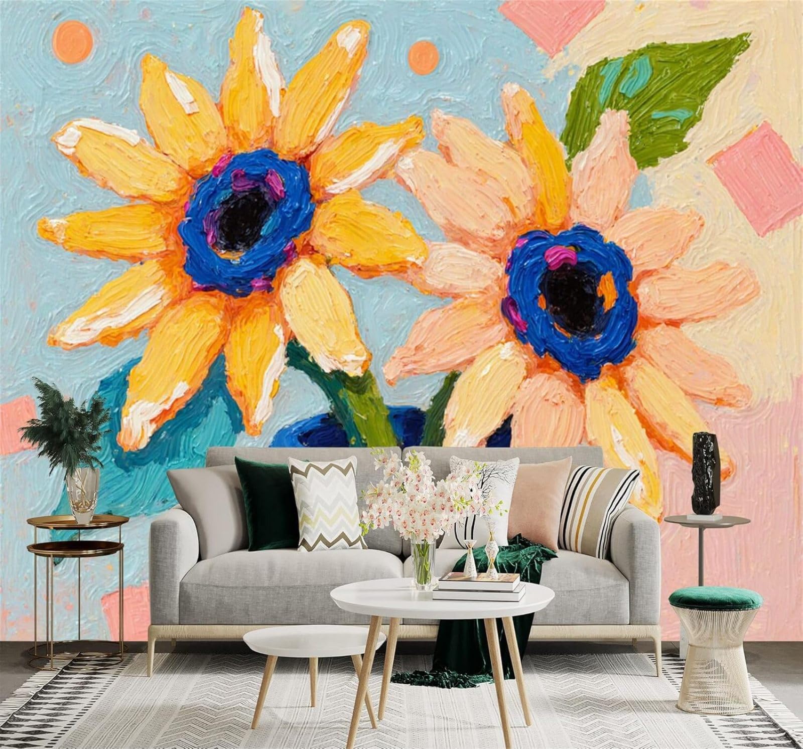 3D Carta da Parati Vaso Blu Girasoli Dai Colori Vivaci Astratto Dipinto