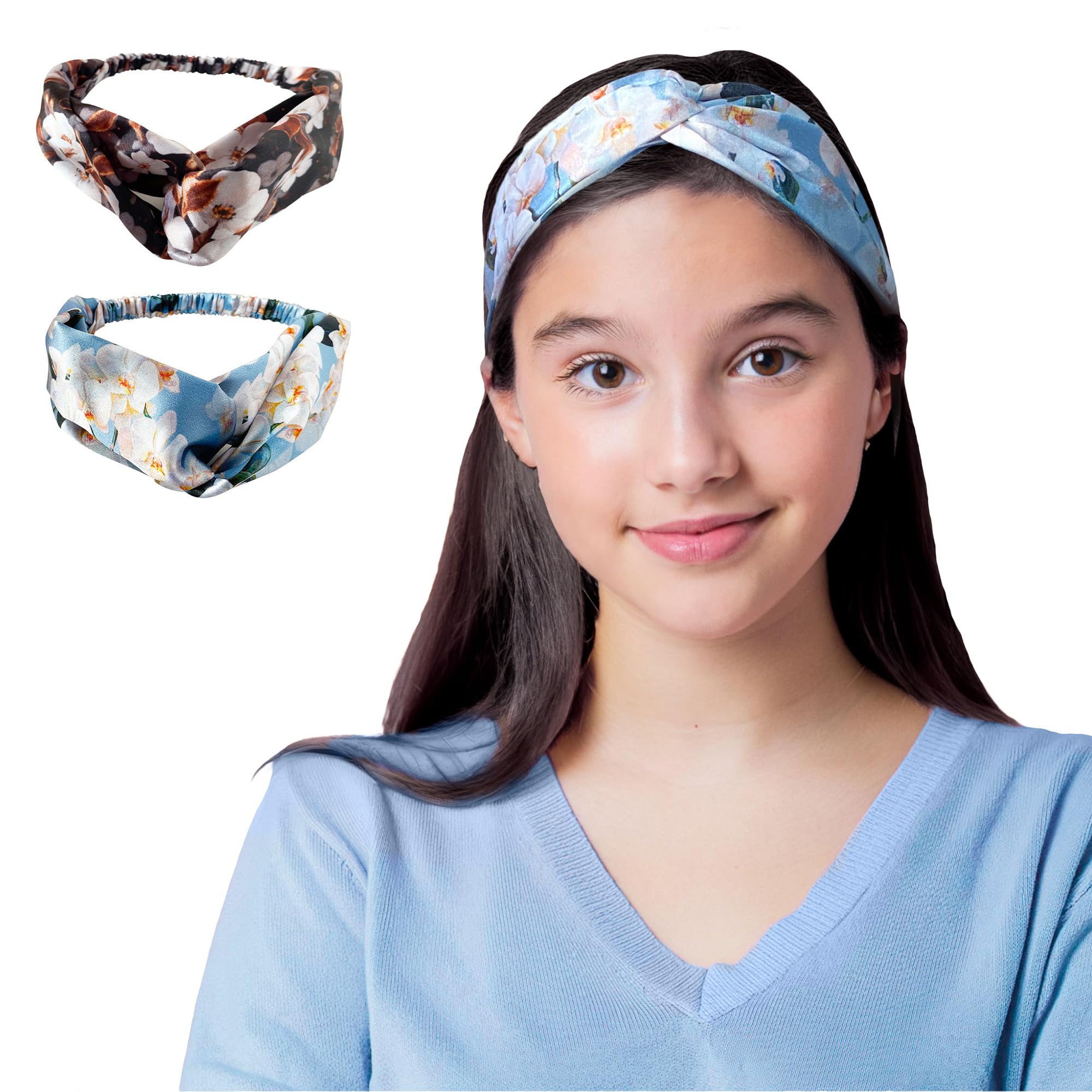 Silvr Bear Luxury Satin Hairbands | Pack of 2 | Same as Pic | Aesthetic Turban Hairband Korean Style Twisted Cross Knot Head Band | Fabric Elastic Hair Band (Floral Orchids For Girls Age 5 to 12)-image-25