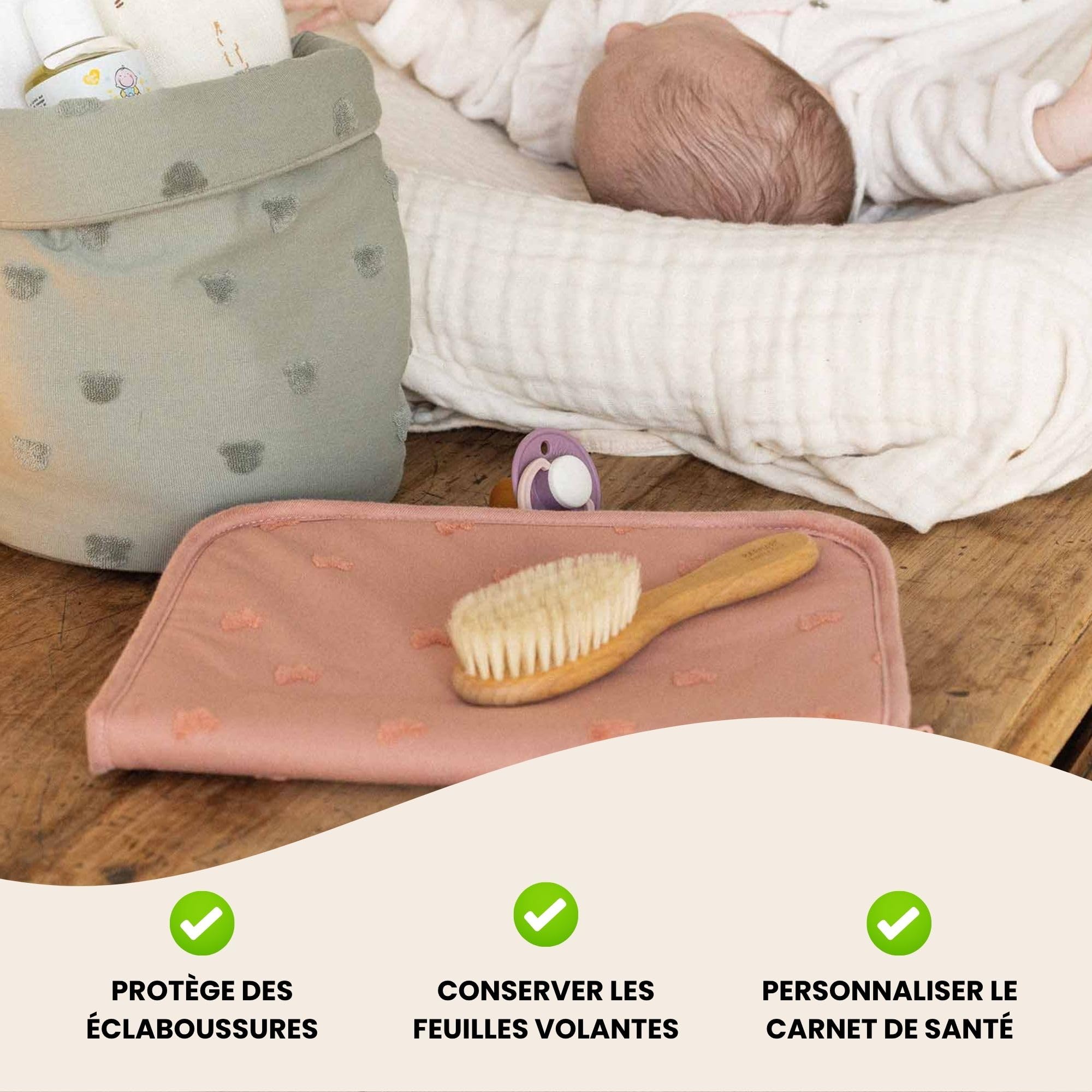 Trois Kilos Sept - Protège Carnet de Santé Bébé - Rabats et Fermeture Zippée - Jacquard Petit Lapin - Rose Terre de Sienne - 17,5x32 cm