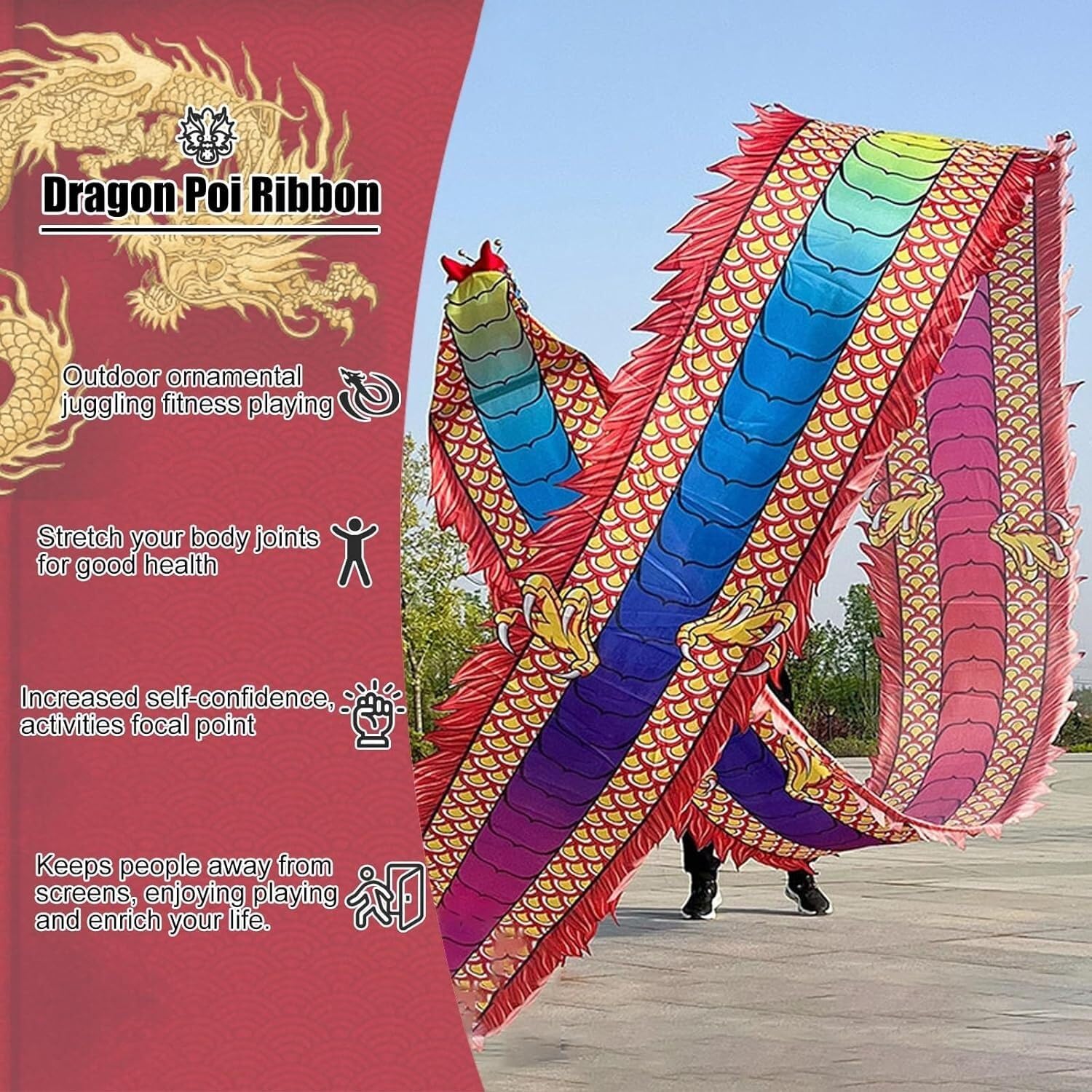 TFG - Ttfd Dancing Dragon Flag, Dragon Head Fluttering Dancing Dragon Flag Dragon Ribbon Outdoor Fitness with Rope and Bag(Color,10 m (33 ft))