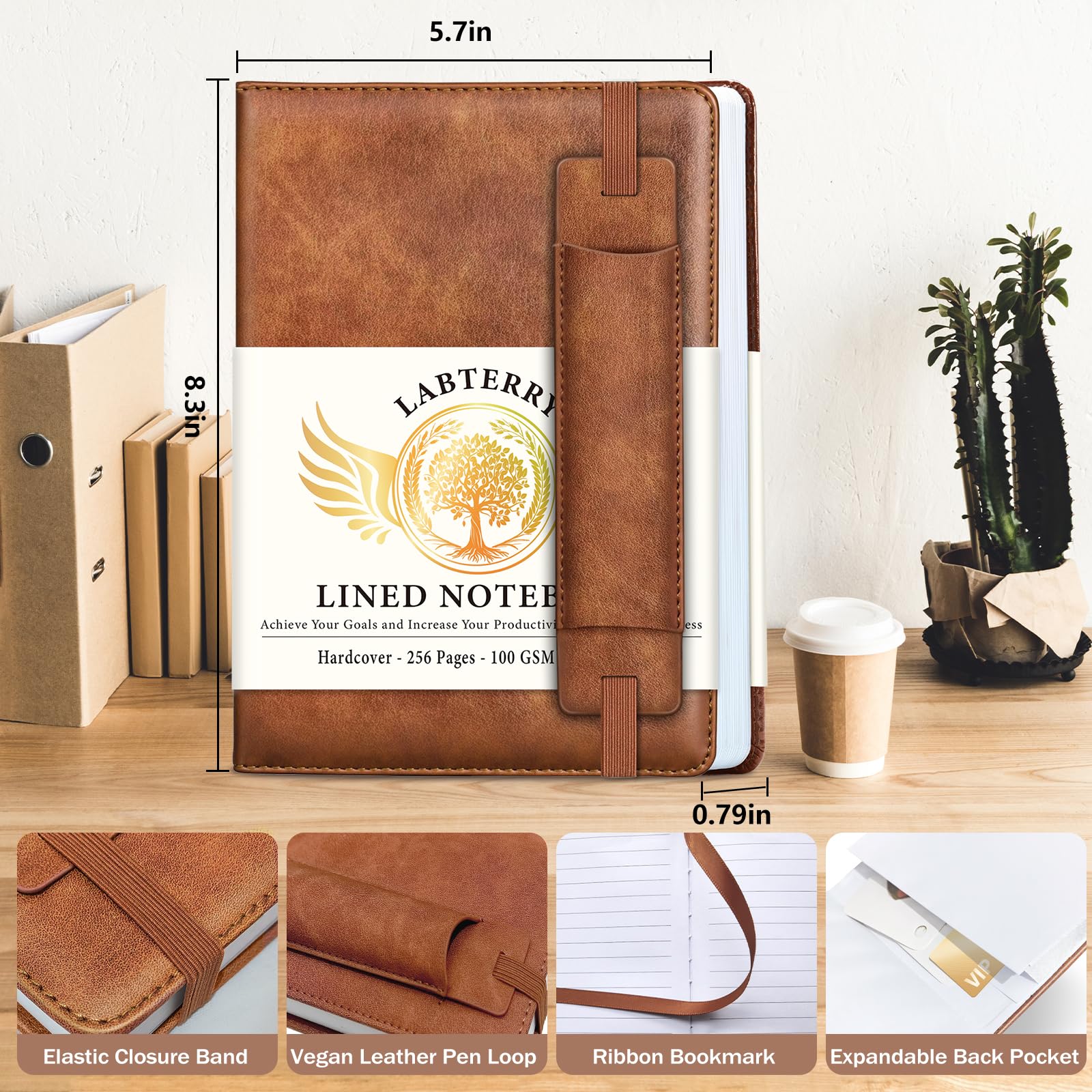 Notatnik w linie, dla kobiet i mężczyzn, 256 stron, rozmiar M 14,5 x 20,3 cm – gruby papier 100 g/m², skórzany notatnik w twardej okładce, do pisania, pracy, szkoły, notatnika, brązowy