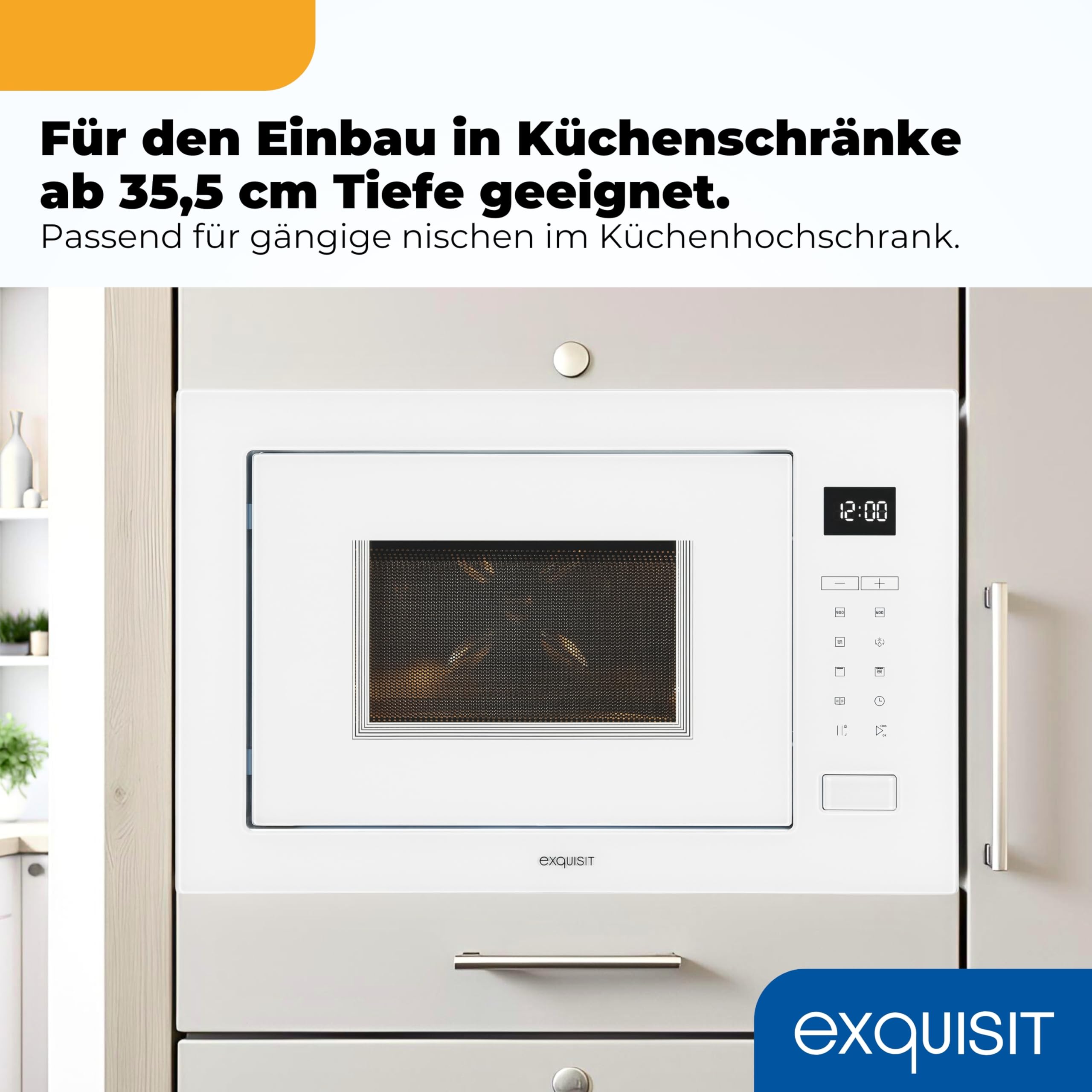 Exquisit Einbaumikrowelle mit Grill, 25 l, 900 W, weiß | Kombination aus Mikrowelle und 1200-W-Grill – 8 Automatikprogramme, Kindersicherung, 9 Leistungsstufen