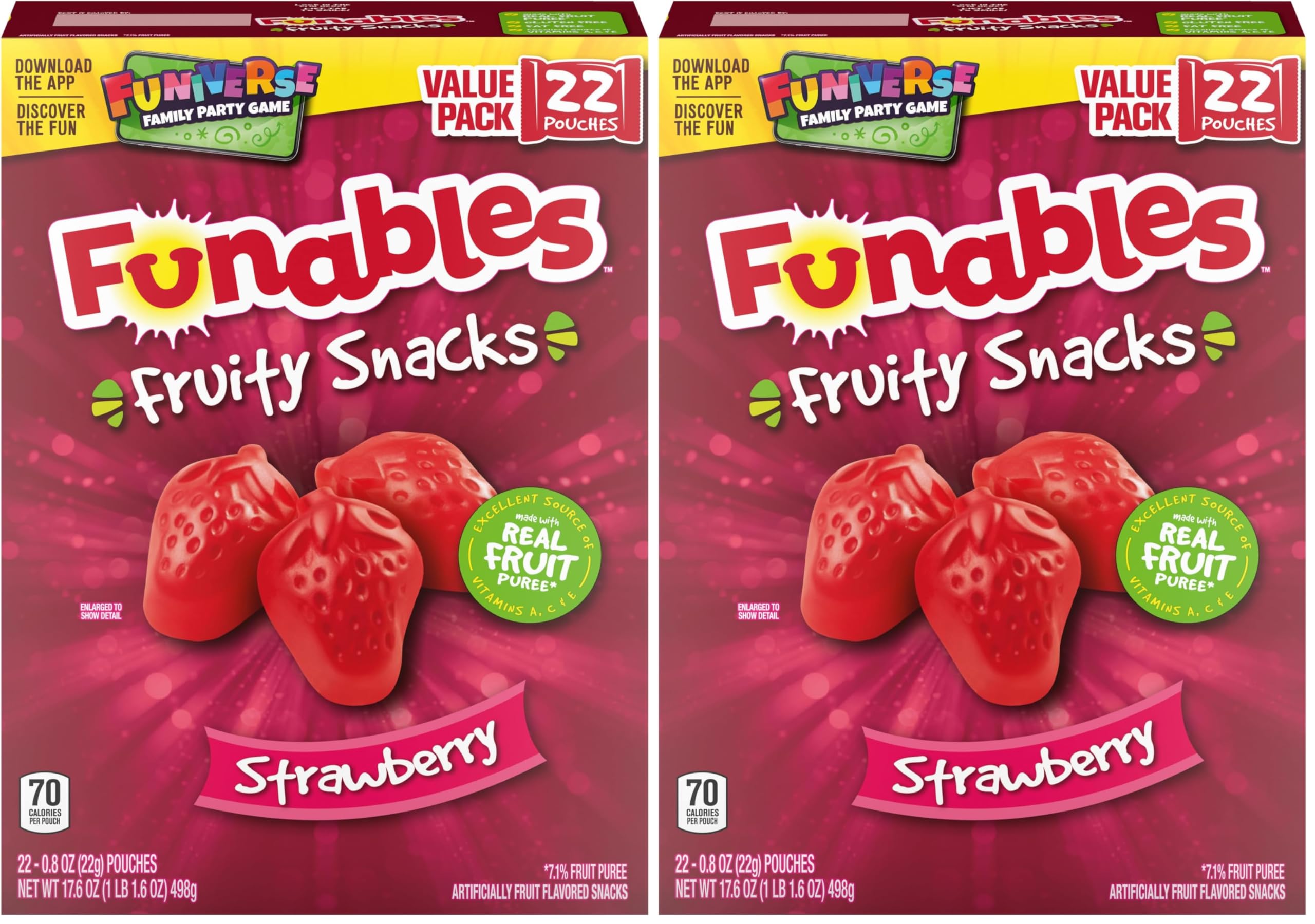 FunablesFruit Snacks, Strawberry Fruit Flavored Snacks, 0.8 Ounce Pouches (22 Count) (Pack of 2)