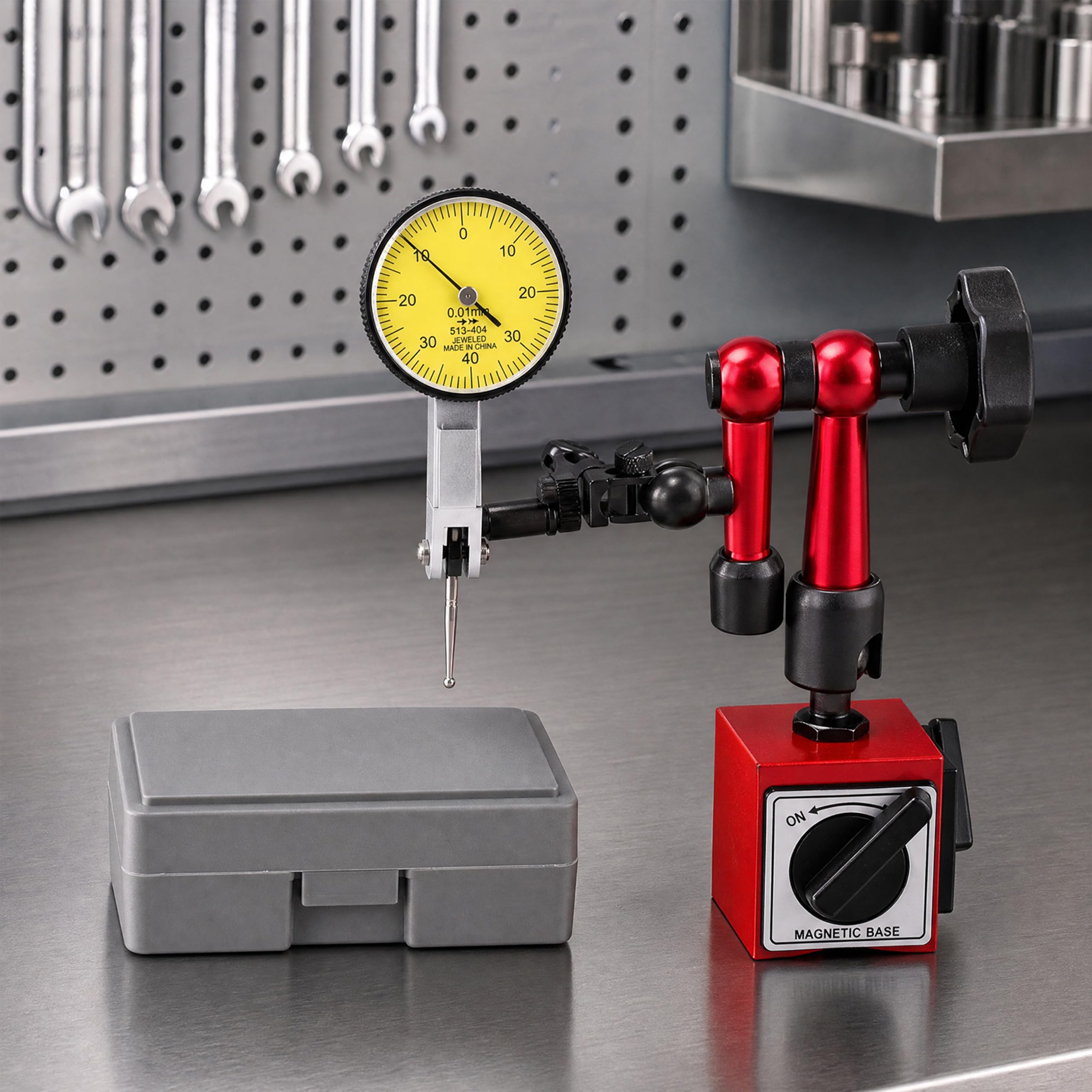Comparateur Mecanique 0-0,8 mm avec Base Magnétique,Très Flexible,Comparateur Précision 0,01 mm,Ensemble D'indicateurs de Cadran pour Calibration Des Plaques de Surface,Rouge