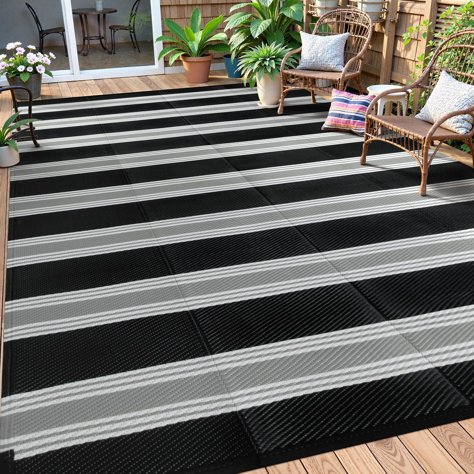 Lahome Striped Outdoor Plastic Straw Rug, Reversible Outdoor Rug Waterproof 9x12 Rugs for Patio, RV Camping Rug Picnic Mat Outside Large Carpet for