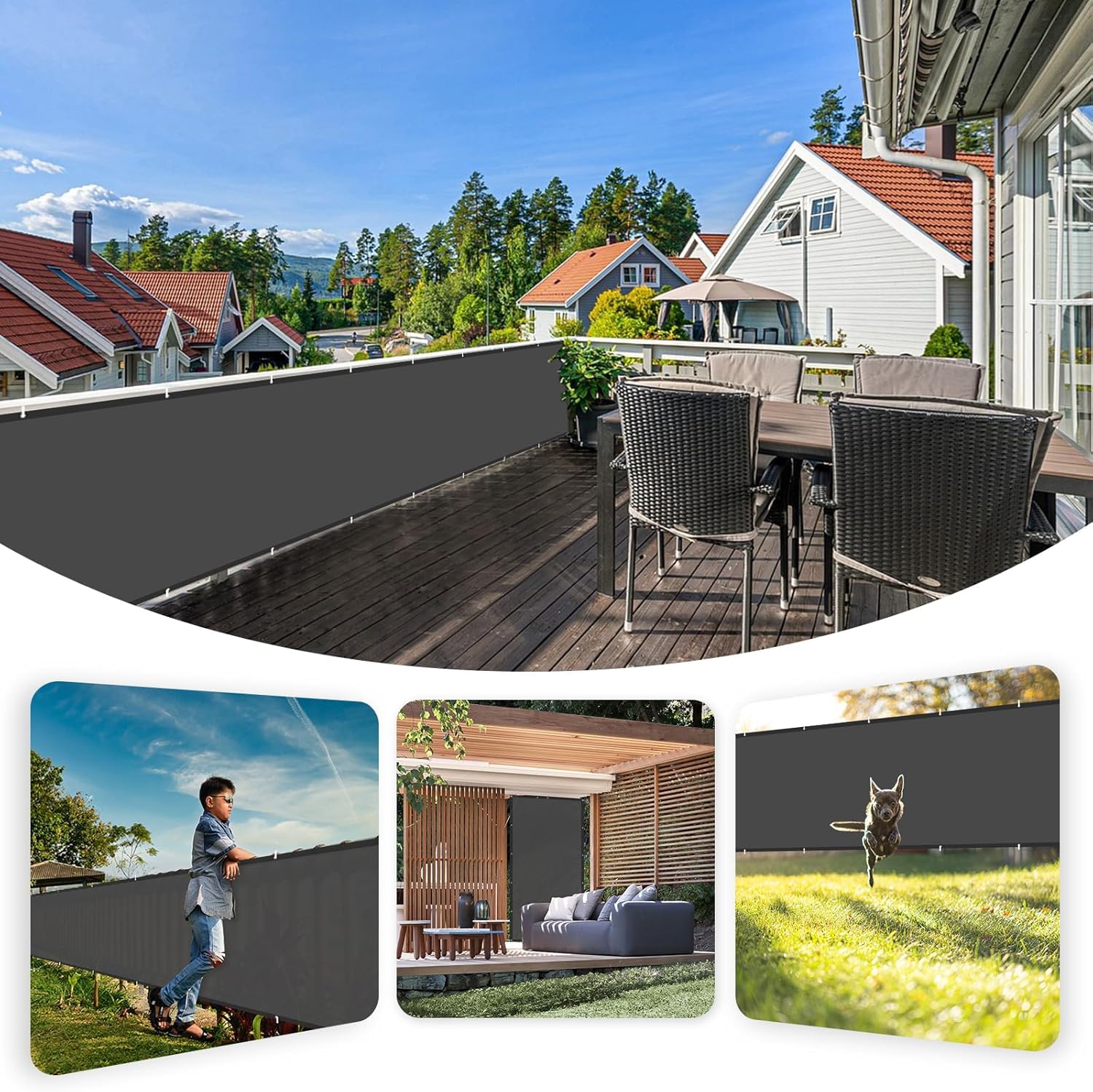 Balkon Sichtschutz Wetterfest Ohne Bohren 1.1x7.5M Anthrazit Balkonumspannung,Balkonabdeckung, UV-Schutz Windschutz mit Kabelbinder für Schwimmbad Balkon Garten