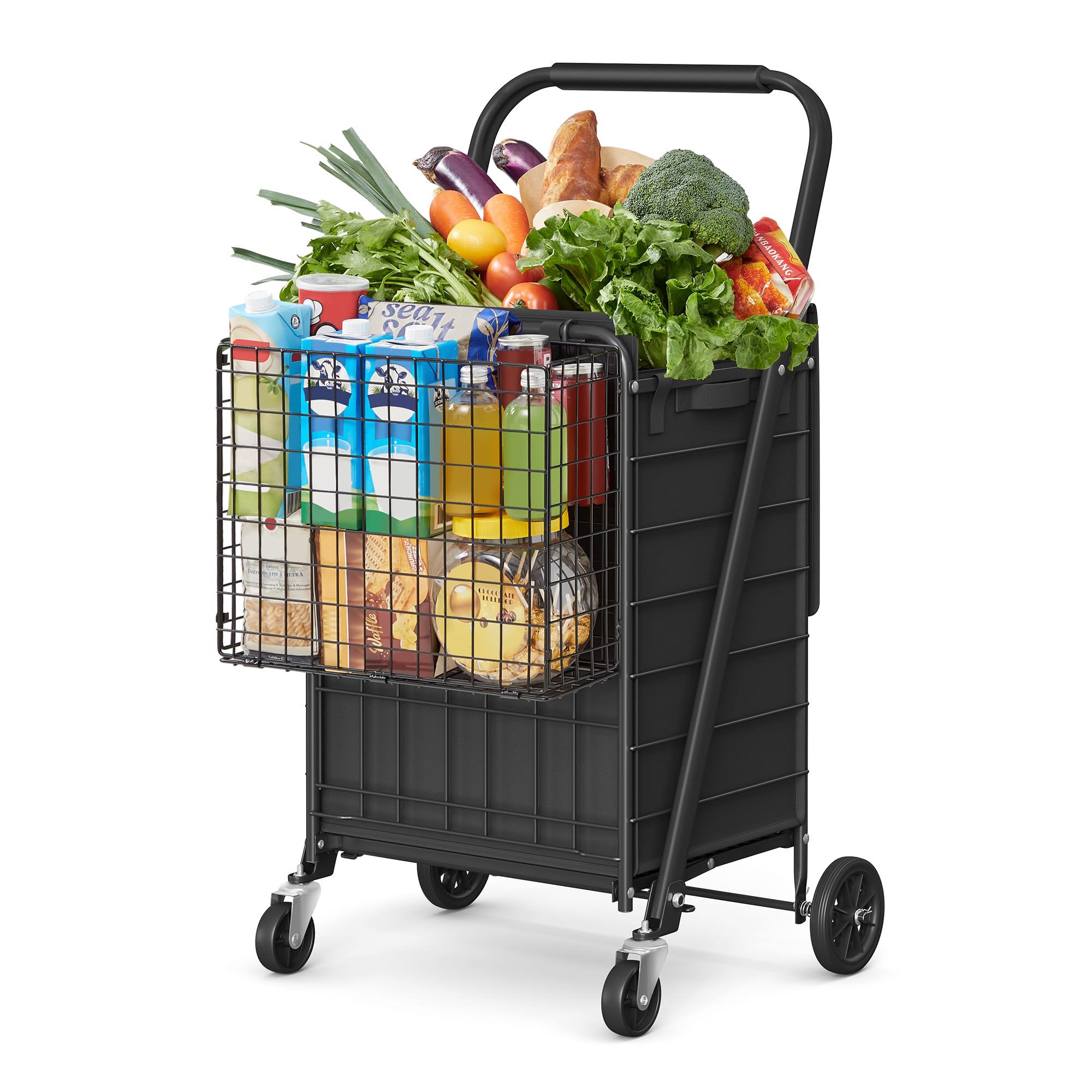 SONGMICSFoldable Shopping Cart, Heavy Duty Grocery Cart with 360° Swivel Wheels, Oxford Fabric Bag, Removable Basket, Utility Cart for Shopping, Picnic, Laundry, Ink Black UKST012B01