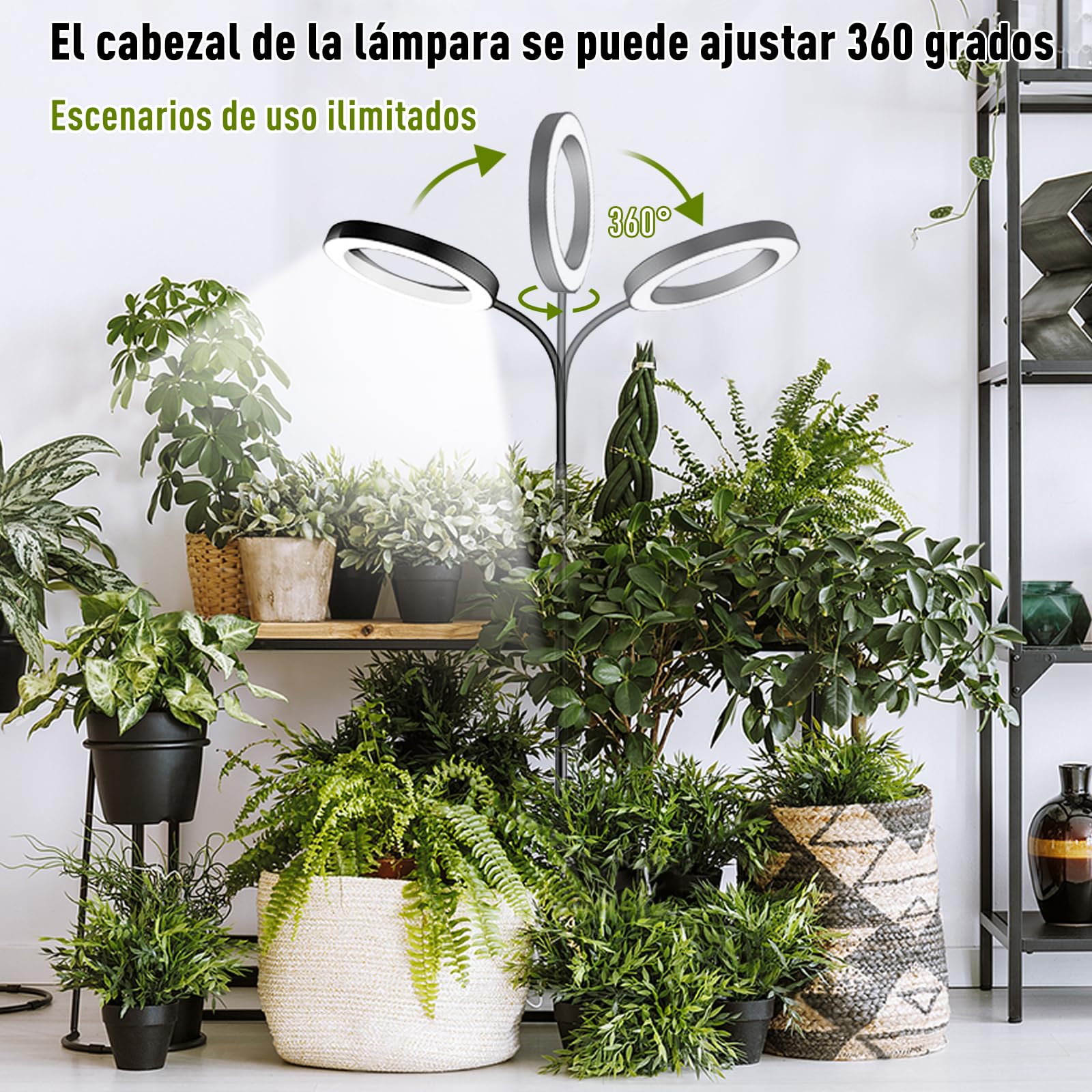 Lámpara para Plantas LED, Espectro Completo 380-800nm con Temporizador 6/12/16H, 3 Modos Luz & 10 Niveles Brillo, Altura Ajustable 57-170cm, Grow Light para Plantas de Interior, Incluye Temporizador