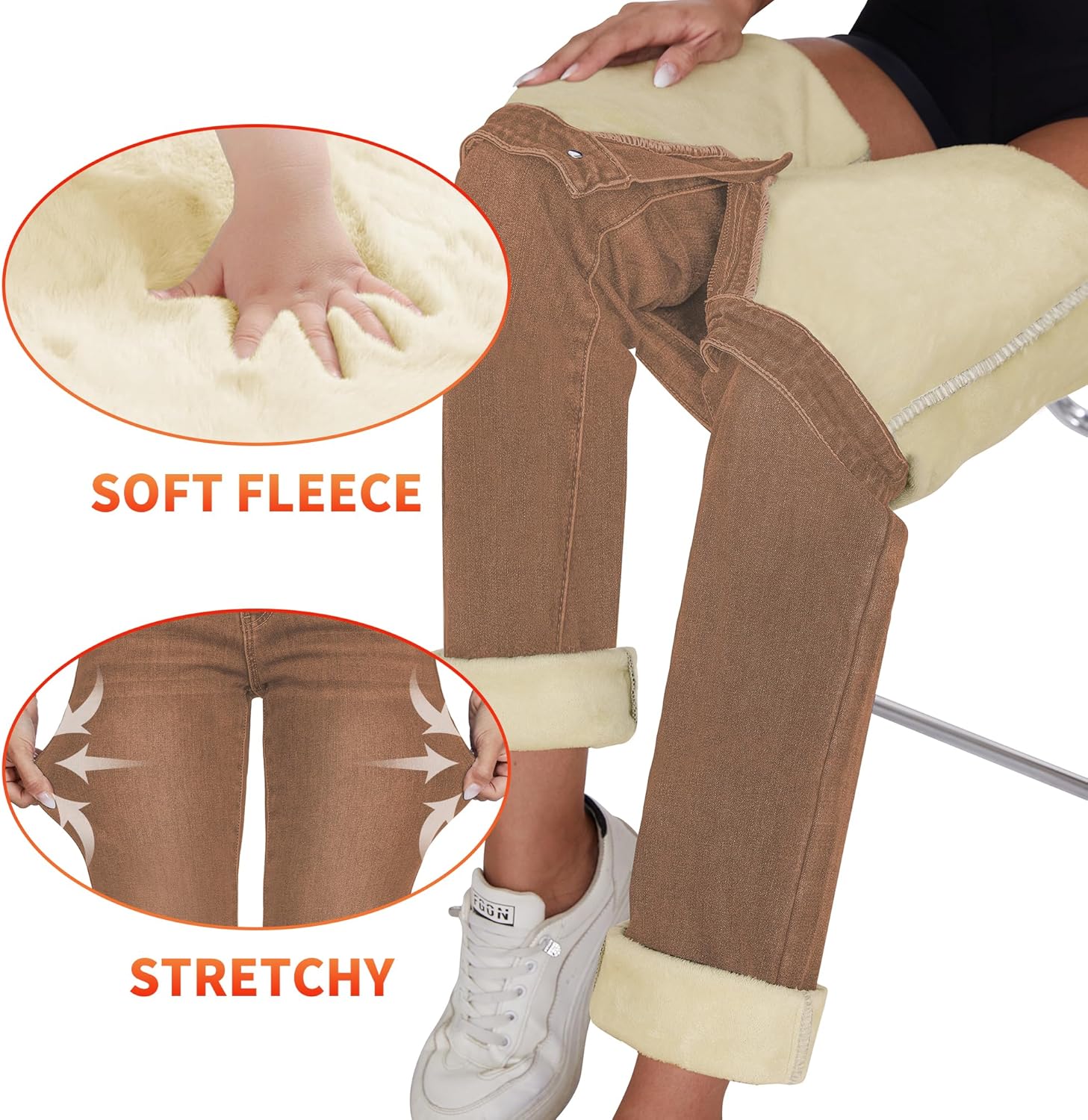 KDF Women's Fleece Lined Jeans Women High Waisted Straight Leg Jeans Winter Fleece Lined Jean Pants - Image 4