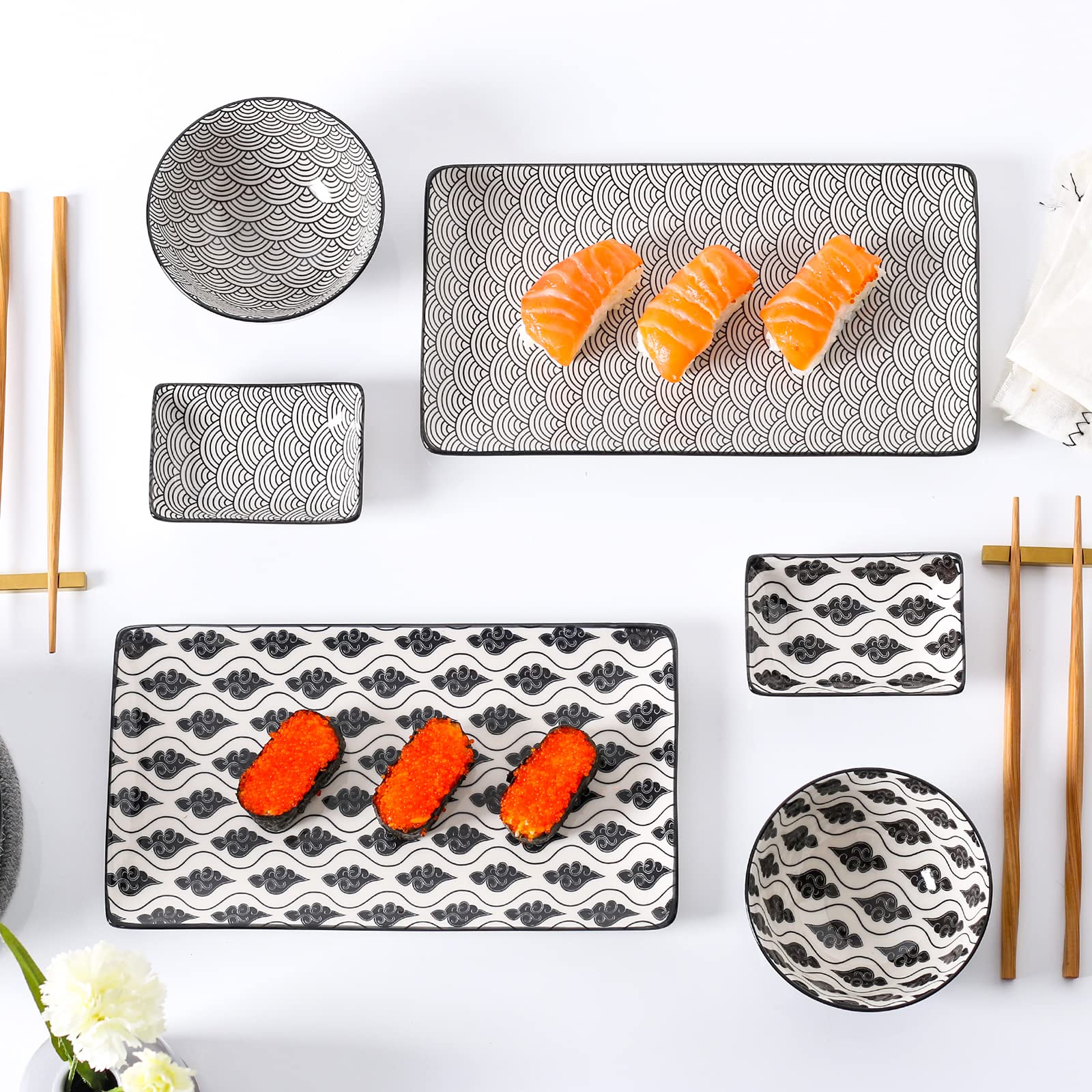 vancasso, Serie Haruka, Servizio di Sushi, 2 piatti per salsa, 2 piatti piatti rettangolari e 2 bacchette, 2 ciotole giapponesi per 2 persone, confezione regalo