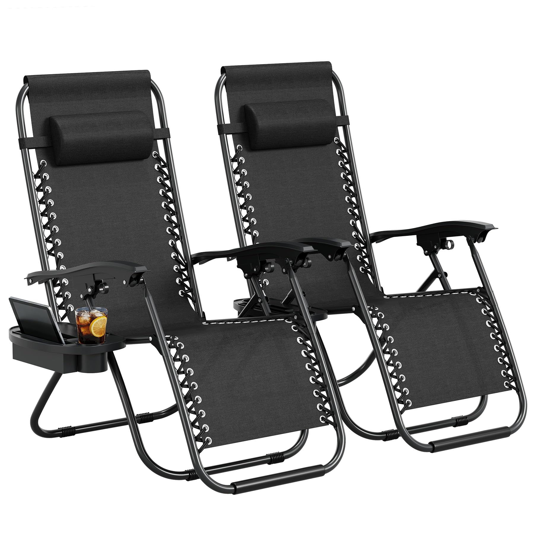 View 1 of **View Clerk Notes**Garvee Zero Gravity Chair Set of 2, Patio Lounge Chair Outdoor with Pillow & Cup Holder Tray, Adjustable Reclining Chair, Folding Portable Camping Chair for Deck, Beach, Yard, Garden - Black