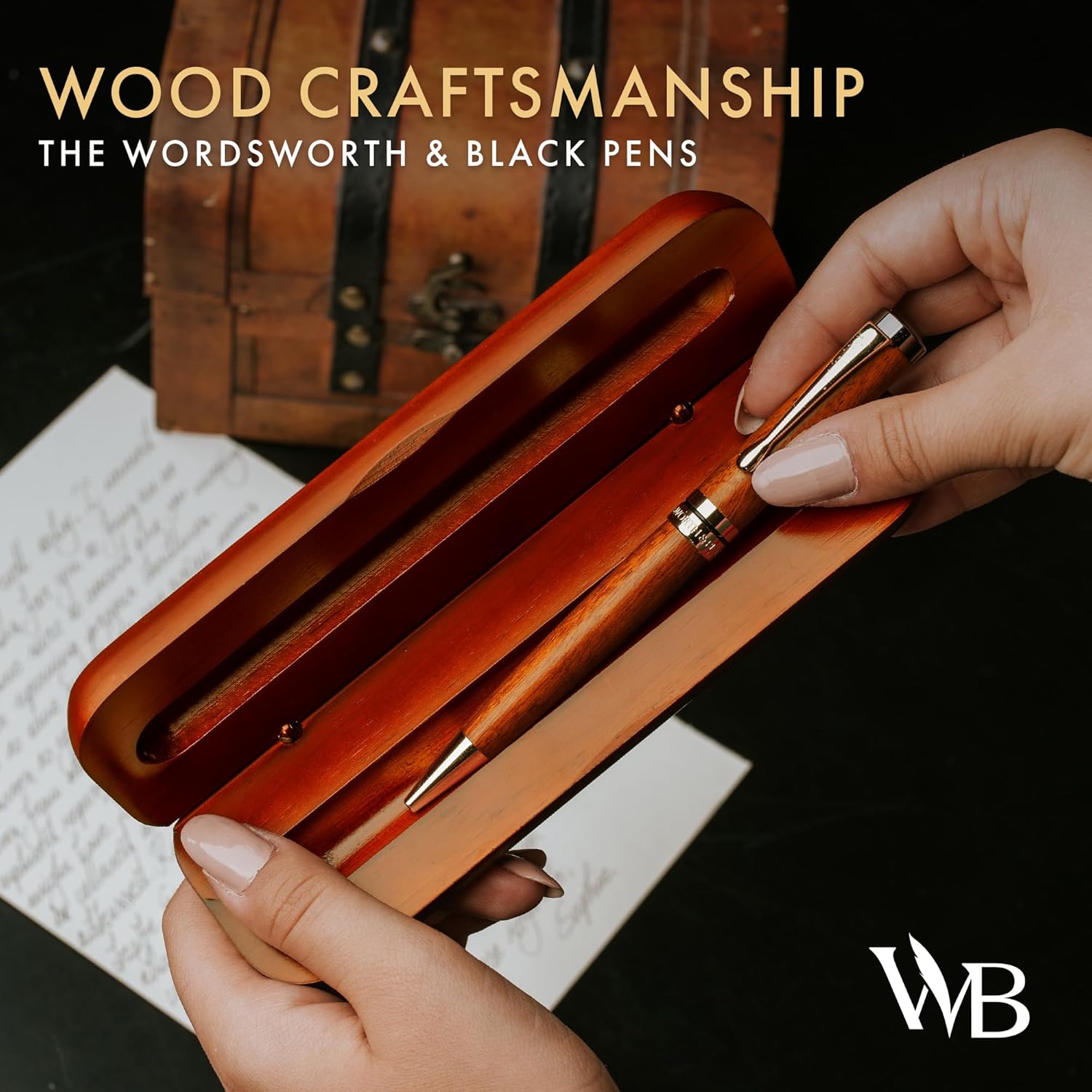 Wordsworth and Black Ballpoint Pen Set - Stunning Luxury Pen Bamboo Cherrywood Gold Finish, Refillable, Best Ball Pen for Men & Women, Black Ink Refill, Elegant, Point Pen