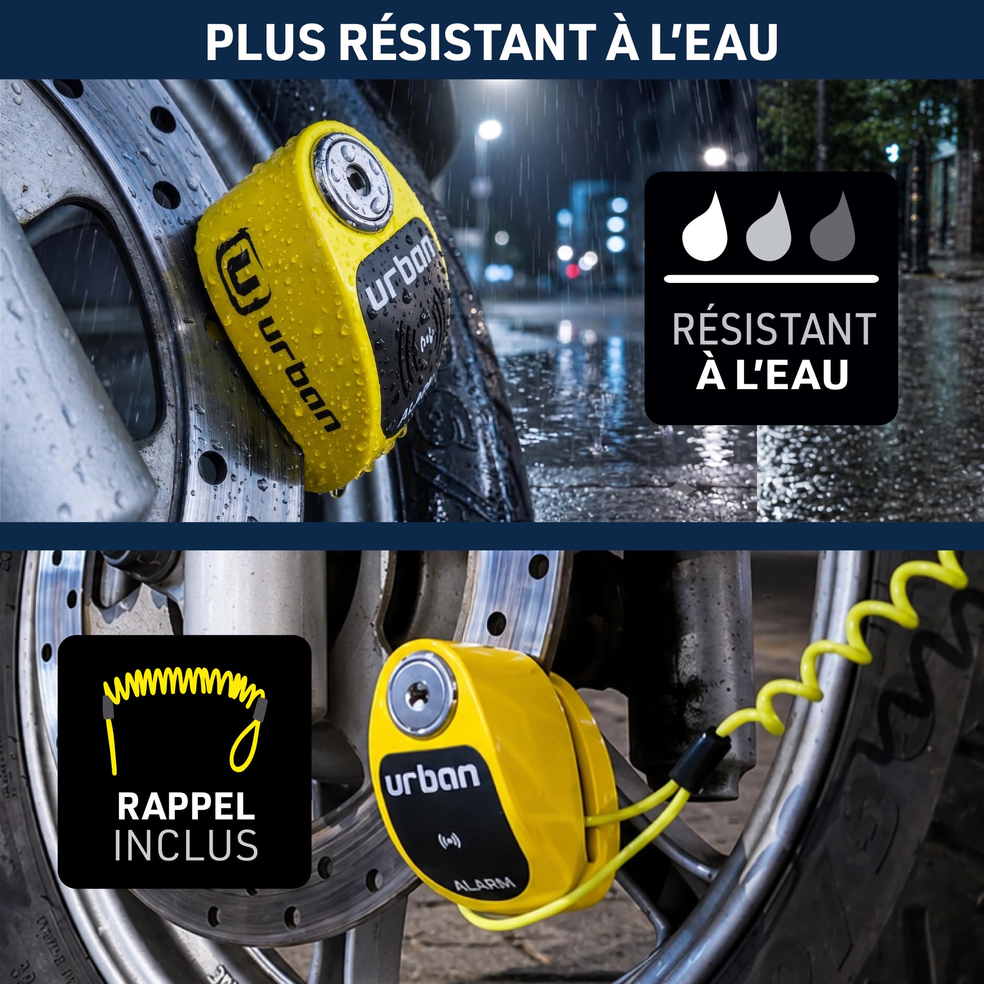 URBAN UR906Y Antivol Moto avec Alarme 120dB Hi-Tech X2 ON, Module Remplaçable Imperméable, Pile CR2, Câble Rappel, Antivol Pince Frein 6mm Universel pour Motos Scooters Vélos Électriques Trottinettes