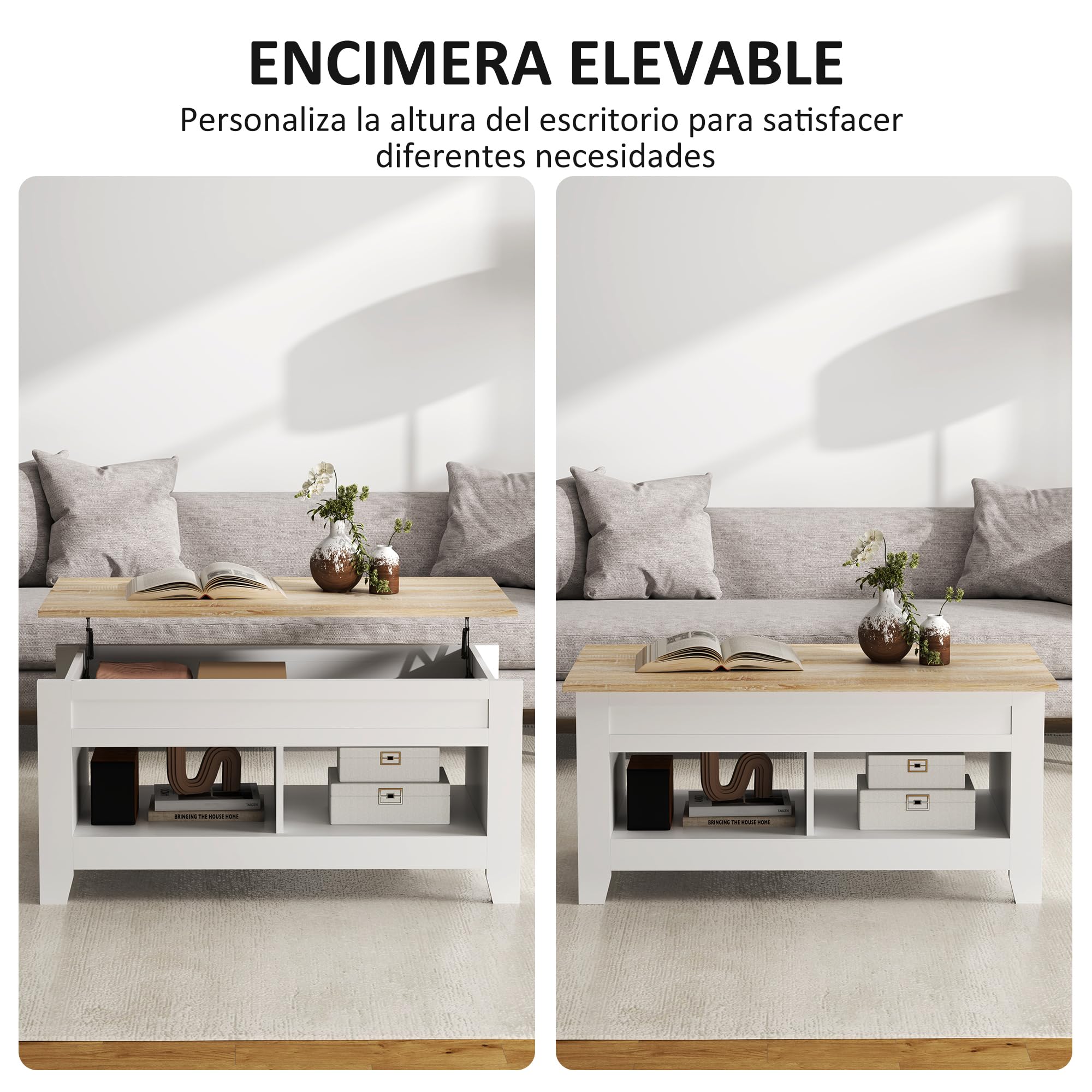 HOMCOM Mesa de Centro Elevable Mesa de Café con Encimera Elevable 2 Compartimentos Abiertos y Espacio Oculto de Almacenaje 105x50x49 cm Blanco y Natural