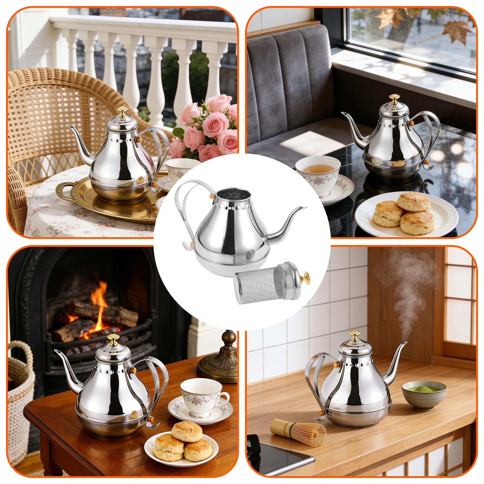 Théière en acier inoxydable avec infuseur de 1,2 l - Pour cuisinière à induction, anti-gouttes, isolation thermique