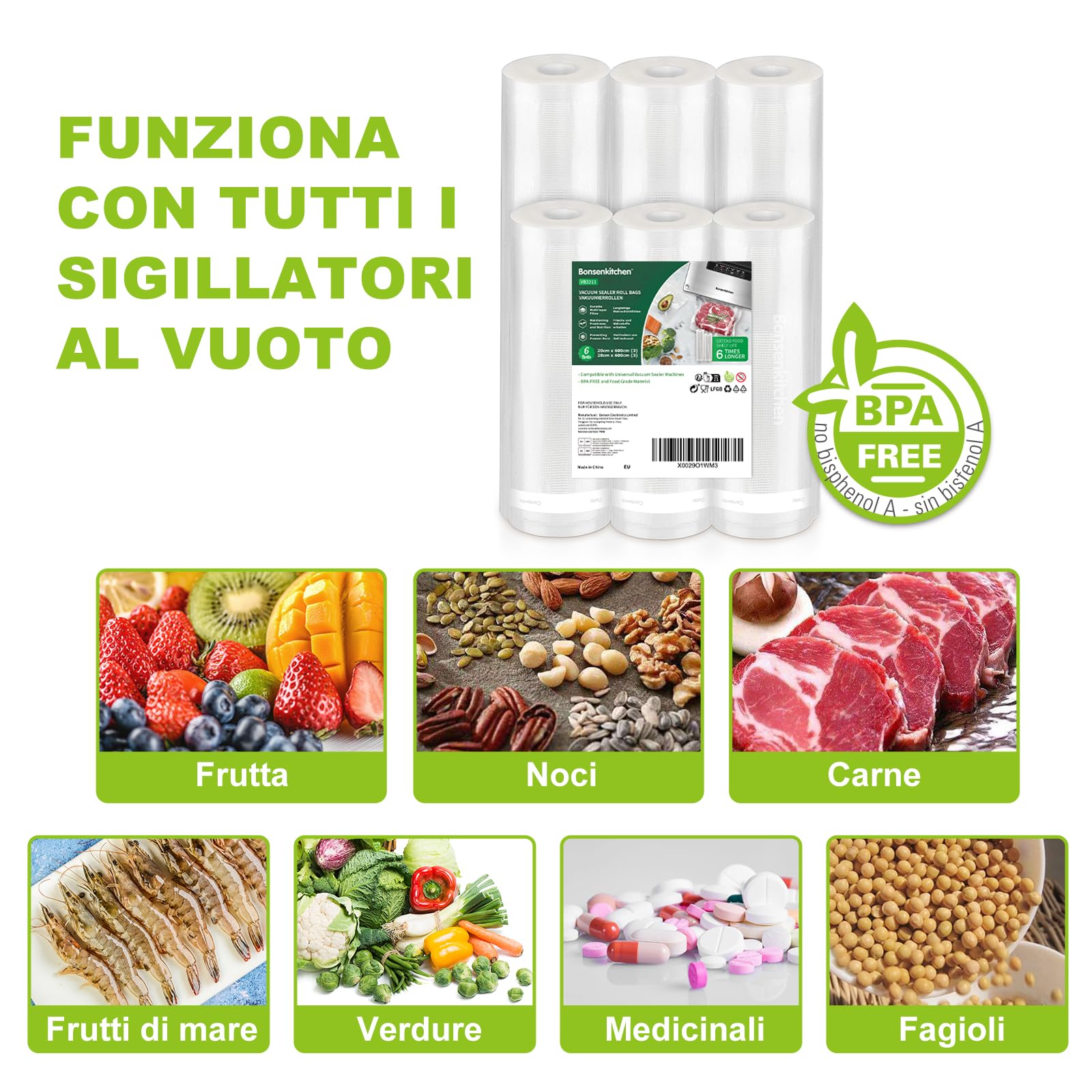 Bonsenkitchen Sacchetti Sottovuoto per Alimenti, 3 Rotoli 28x600cm+ 3 Rotoli 20x600cm, per Conservazione Alimenti e Cottura Sous Vide, Senza BPA,VB3211