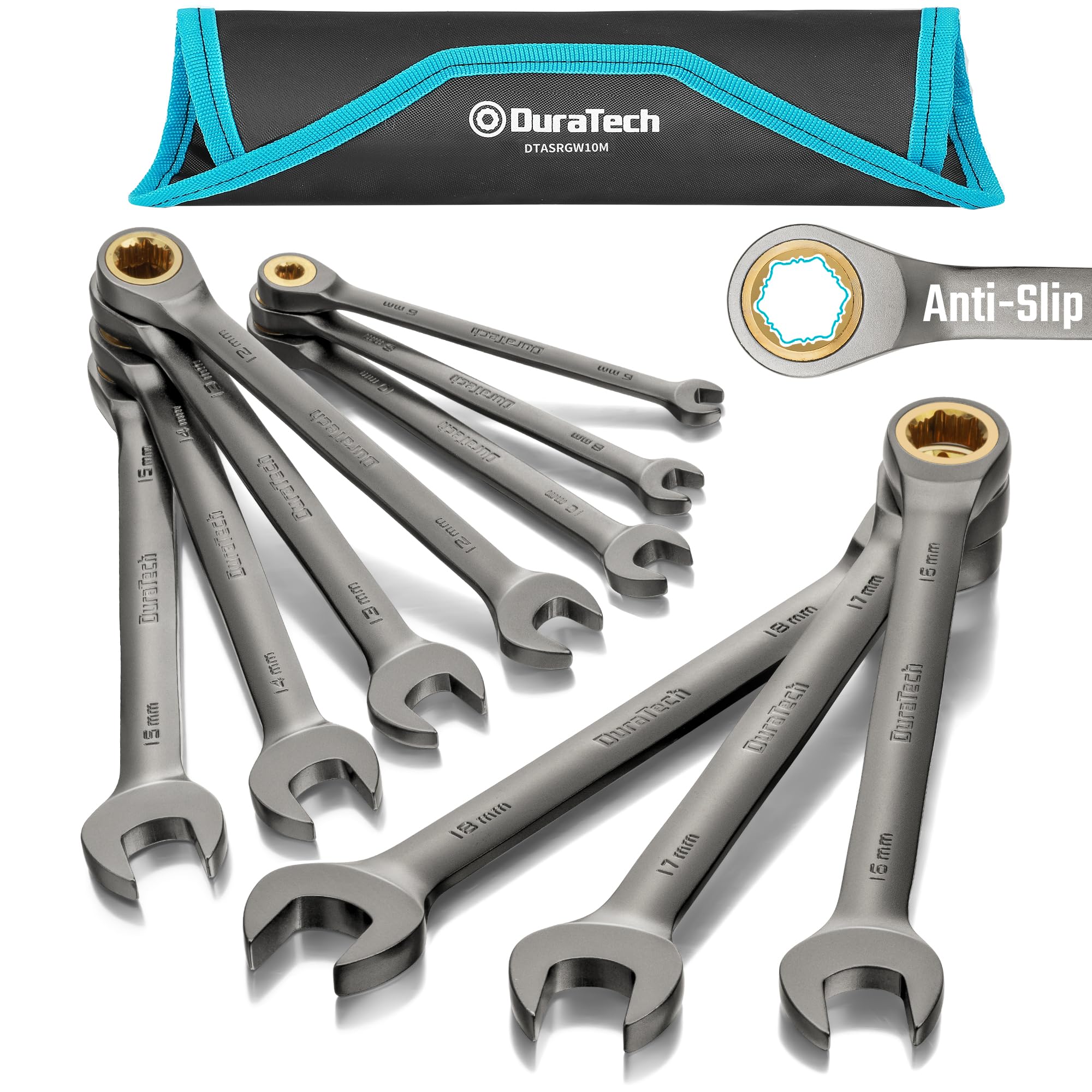 DURATECH Set di 10 chiavi combinate a cricchetto antiscivolo, metriche 6-18 mm, 72 denti, nichelate, in acciaio CR-V, con custodia