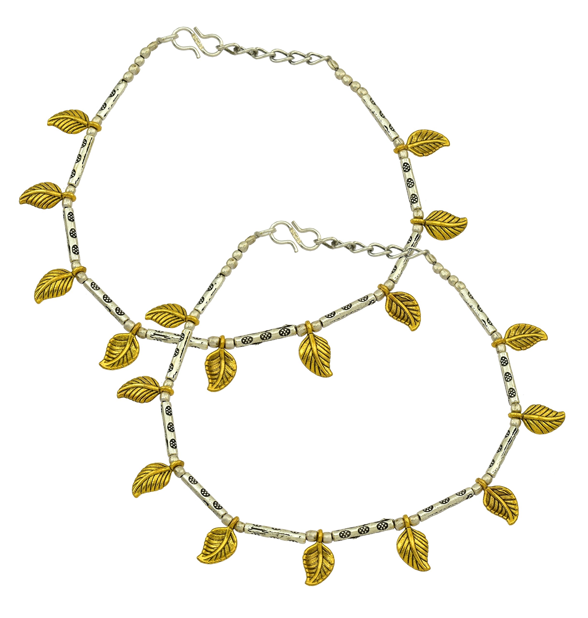 Oxidised Two Tone Silver Gold Stylish Anklets Traditional Payal with Gold Leaves for Women and Girls-image-14