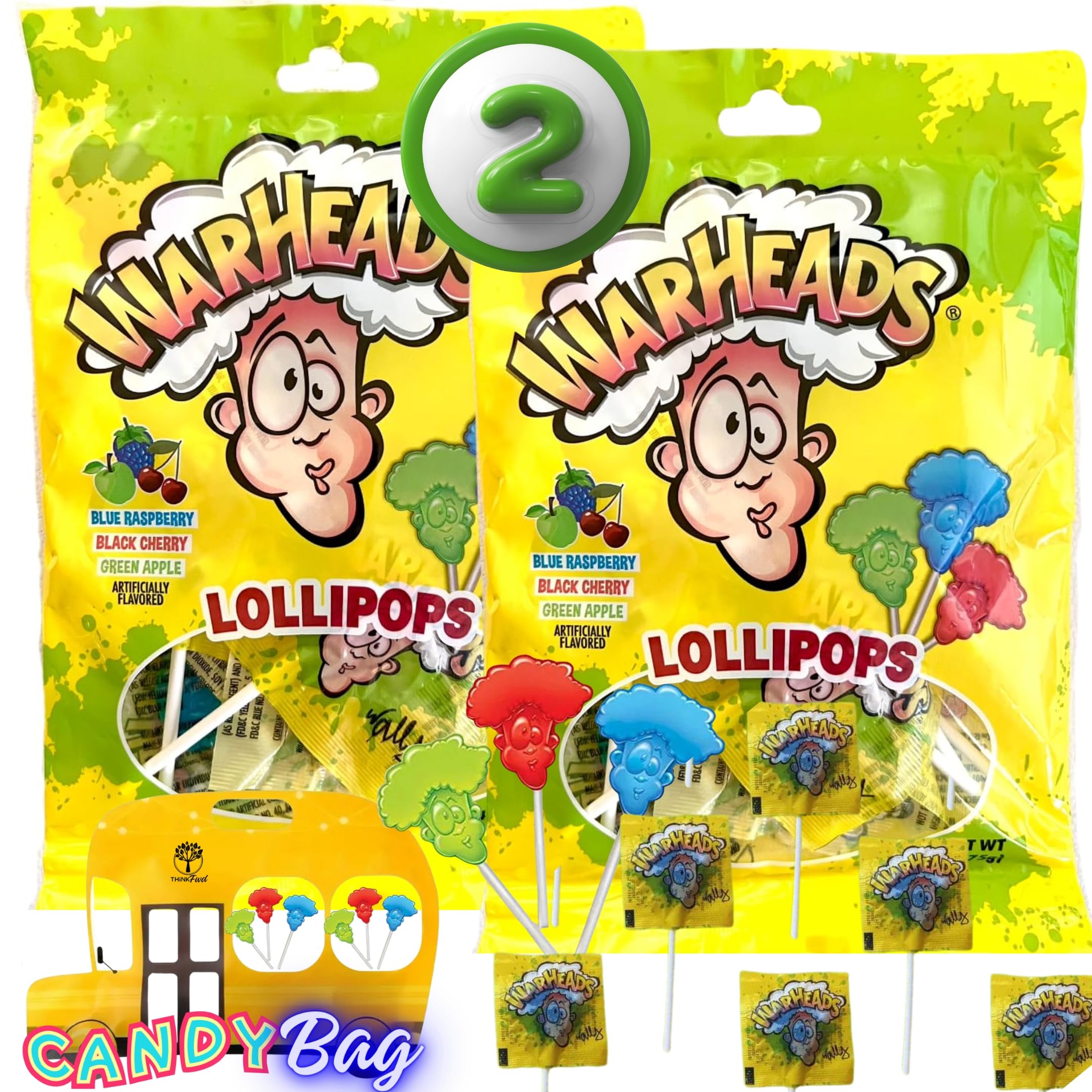 (12 Pack) Sour War Head Lollipops - 2.64oz each bag - Pops Flavor Explosion: Blue Raspberry, Black Cherry, Green Apple - Includes Think FWD Candy ZipBag (Lollipops)