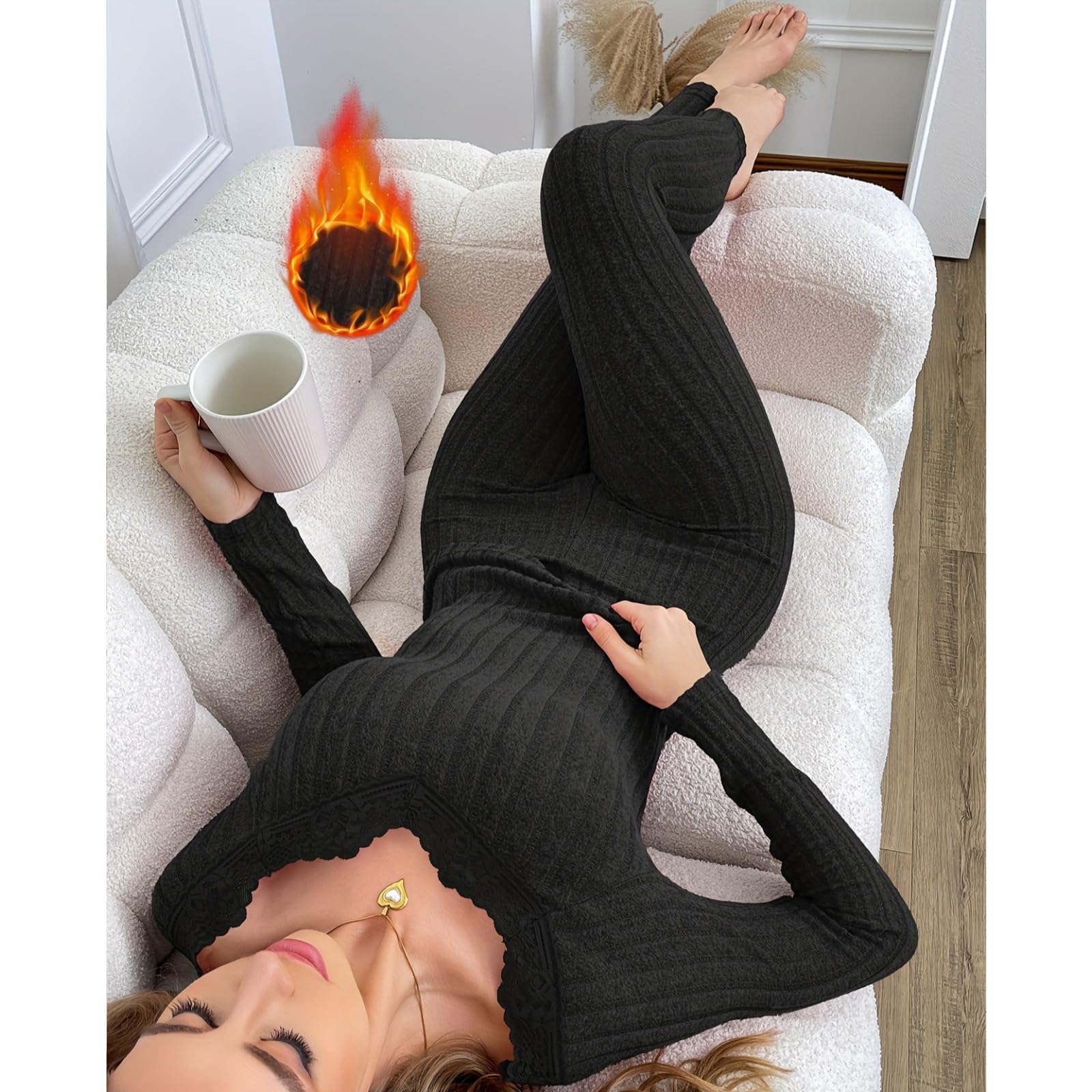 KIRYU Conjunto de ropa interior térmica para mujer, cuello en V, manga larga y leggings, capa base suave, pijama cálido de invierno y ropa de descanso