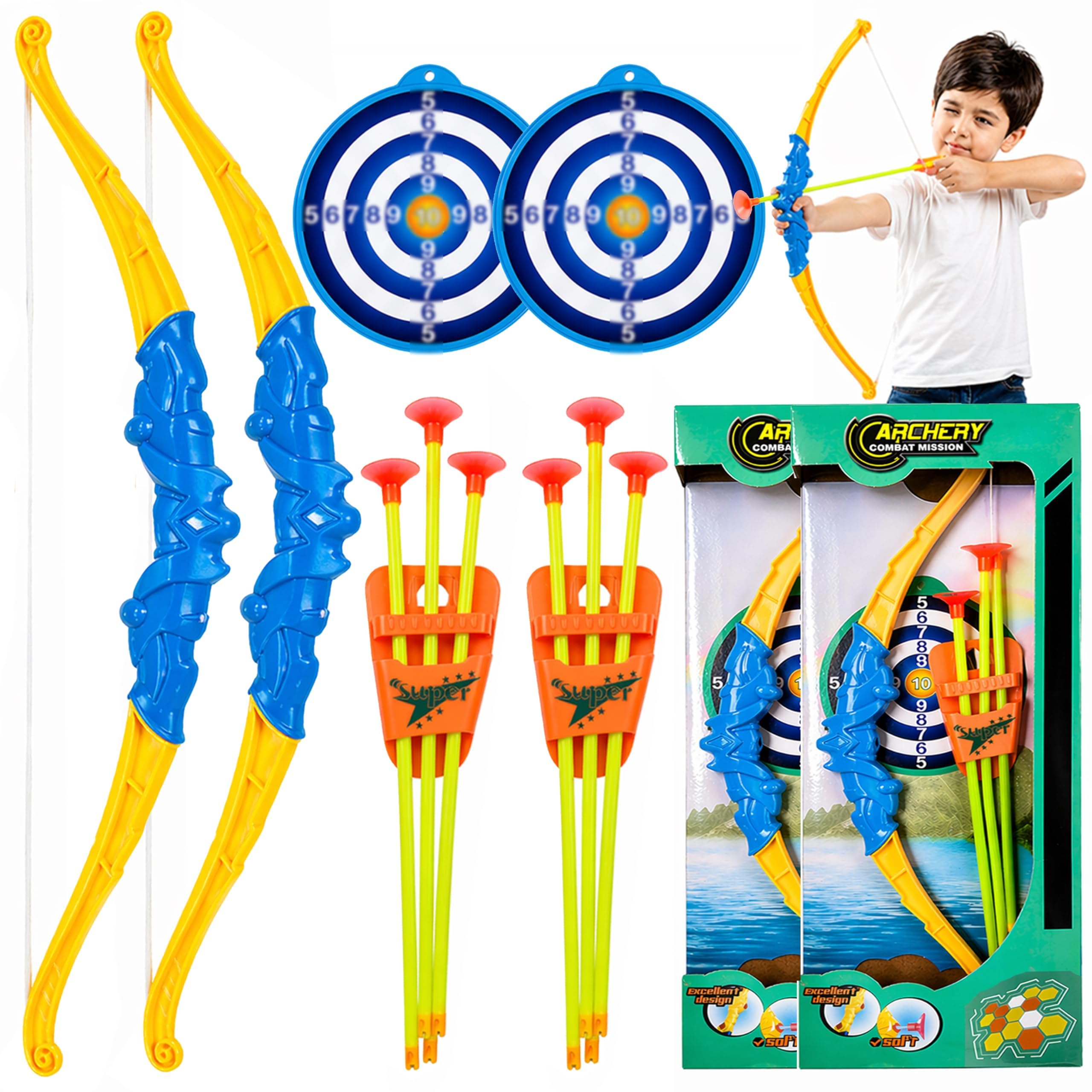 2pk Yellow Premium Kids Bow and Arrow Set with Target Board - Safe Archery Toy with Suction Cup Arrows, Outdoor Indoor Shooting Game for Kids Boys Girls, Fun Sports Gift Toy