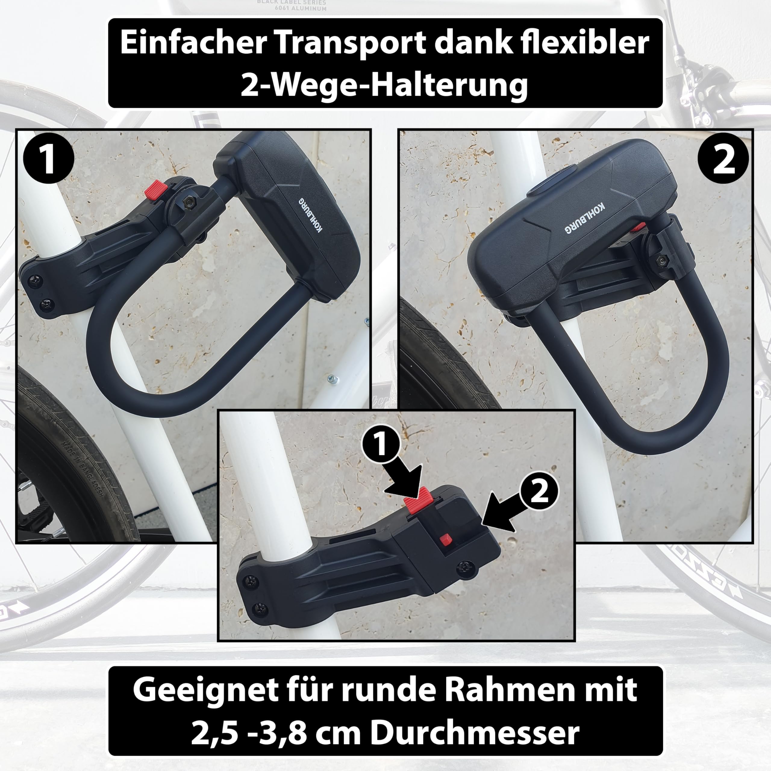 KOHLBURG kleines & leichtes Sicherheits Bügelschloss [900g leicht] - Fahrradschloss mit höchstem Sicherheitslevel 15 - mit 4 Schlüssel & Halterung - U Lock hohe Sicherheit für Fahrrad Ebike e-Scooter