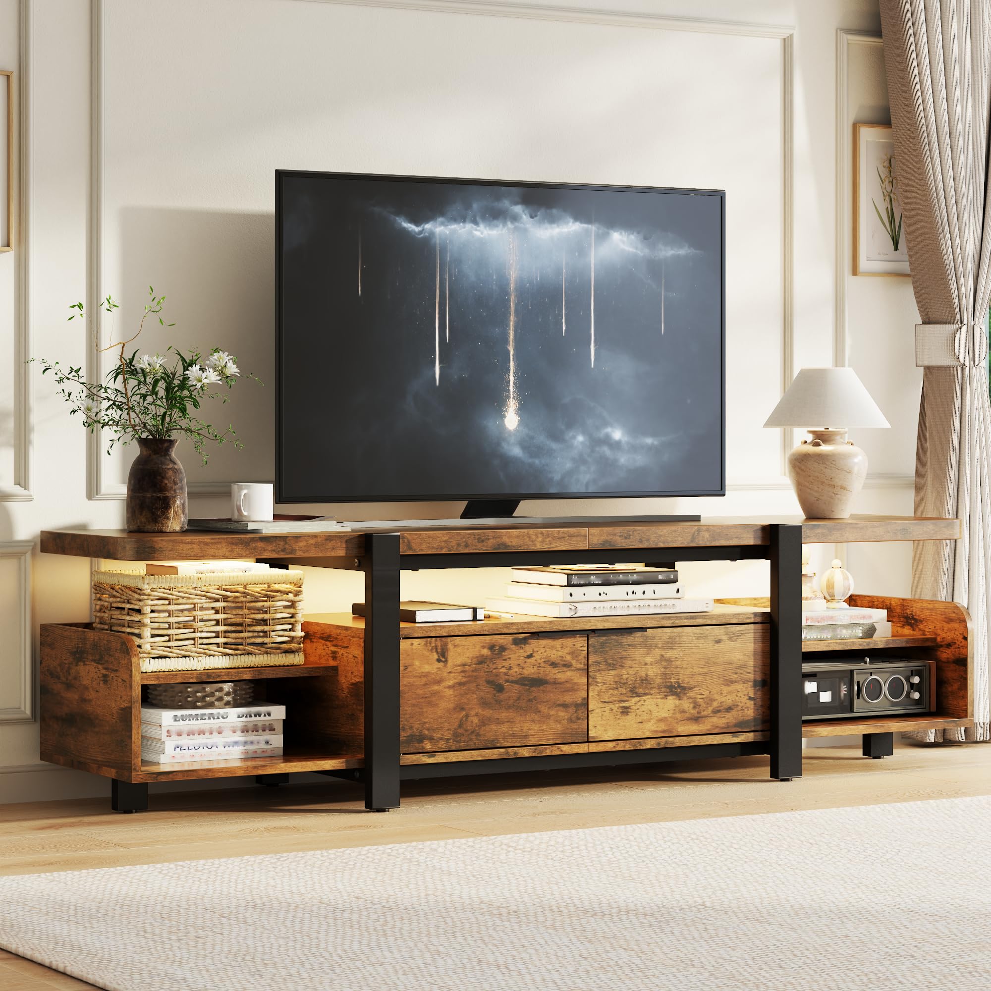 Gyfimoie TV Stand Cabinet for TVs Up to 166cm, Long Farmhouse TV Unit Entertainment Center with LED Lights & Doors, TV Console Table with Storage Shelves for Bedroom & Living Room