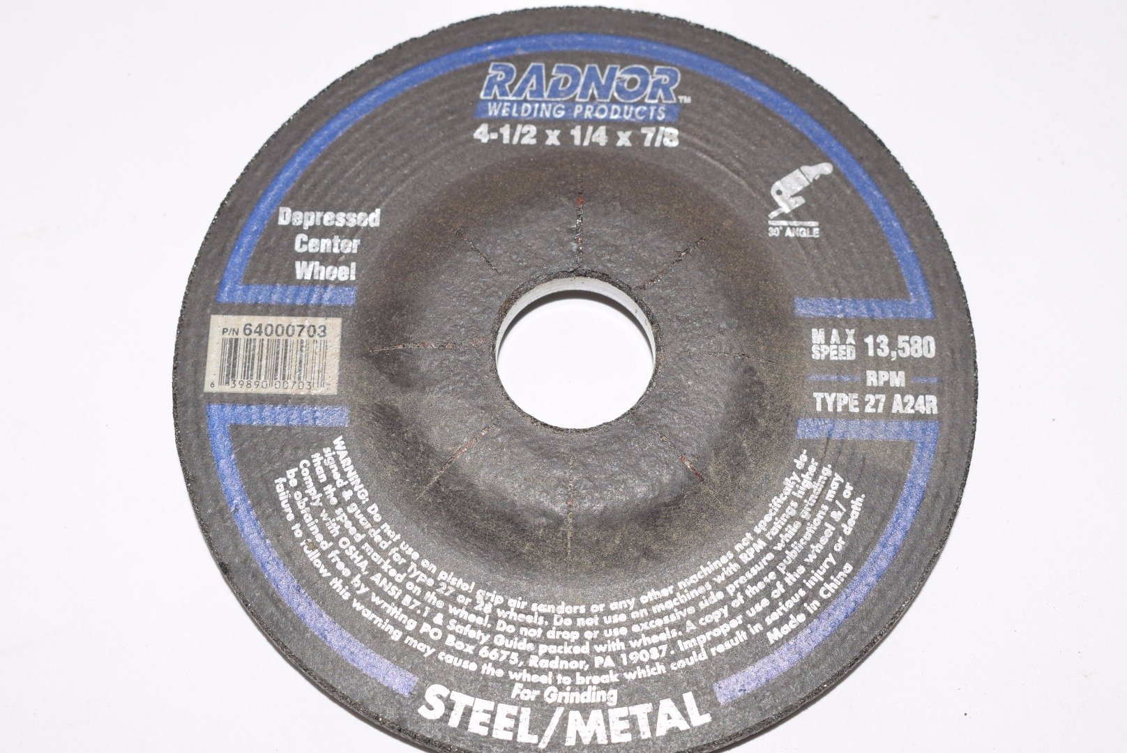 Radnor 4 1/2'' X 1/4'' X 7/8'' A24R Aluminum Oxide