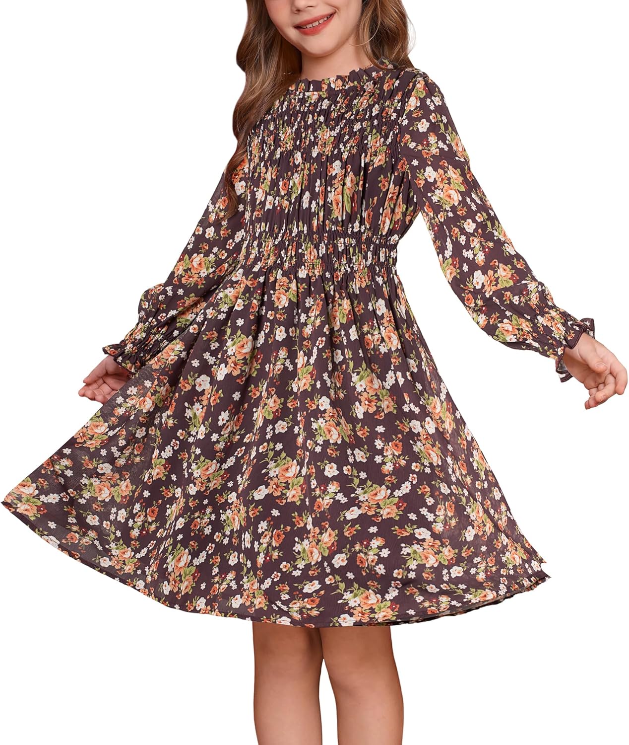 GRACE KARIN Girls' Fall Long Sleeve Dresses Kids Floral Winter Formal Dress Girl Casual Fancy Midi Clothes Size 6-14