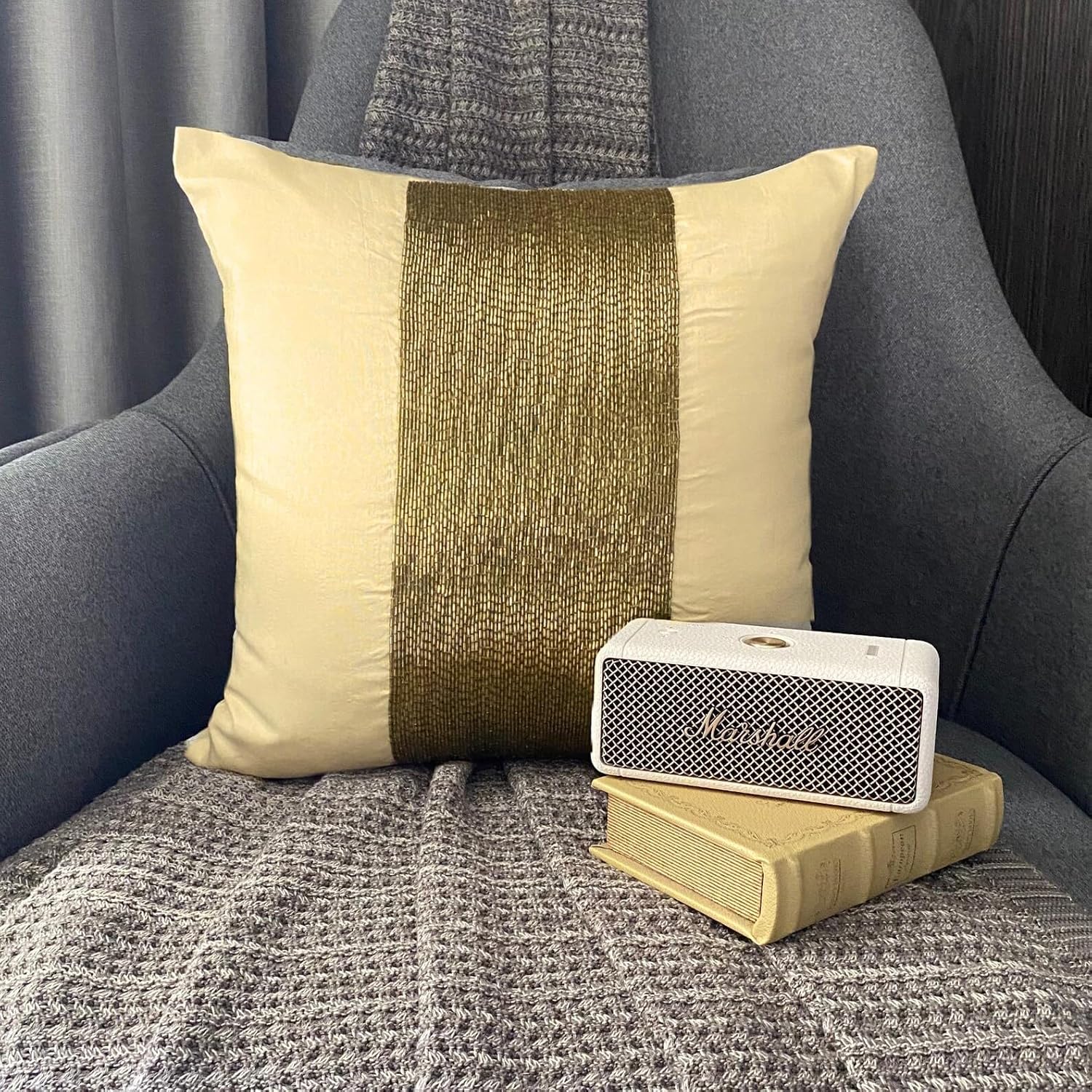 The HomeCentric Sham Pillow Cover, Gold Euro Pillowcases 26x26 inch (65x65 cm) Silk Euro Pillow Covers, Striped, Beaded, Modern Euro Size Pillowcases Easter - Gold Center