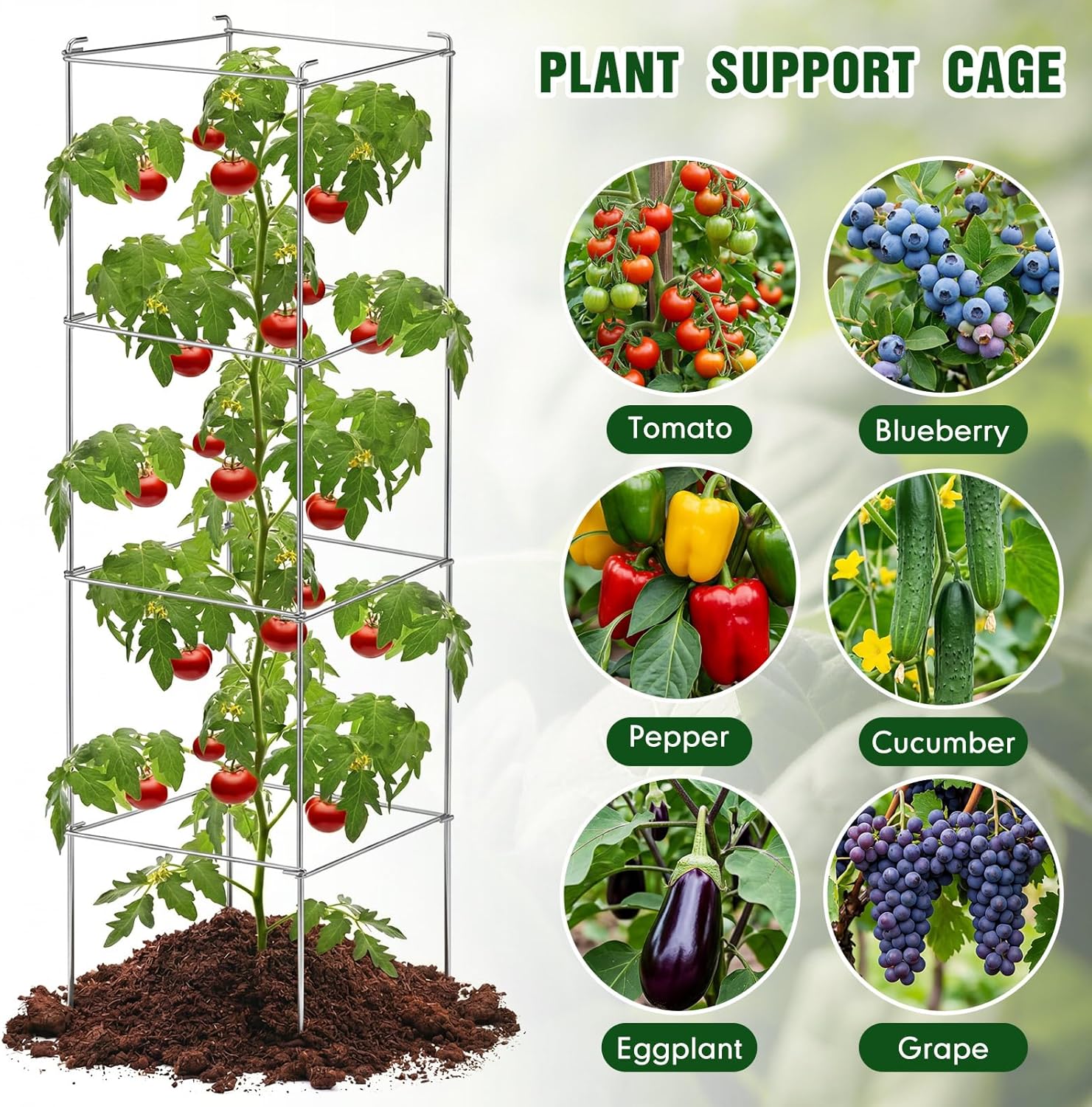 Hicarer 16 Pack Square Tomato Cage Heavy Duty Tomato Cages for Garden Vegetable Plant Trellis Stakes Plant Support Stake Tower for Climbing Vegetables Plants Flowers Fruit (11.5 x 46 Inches,Silver)