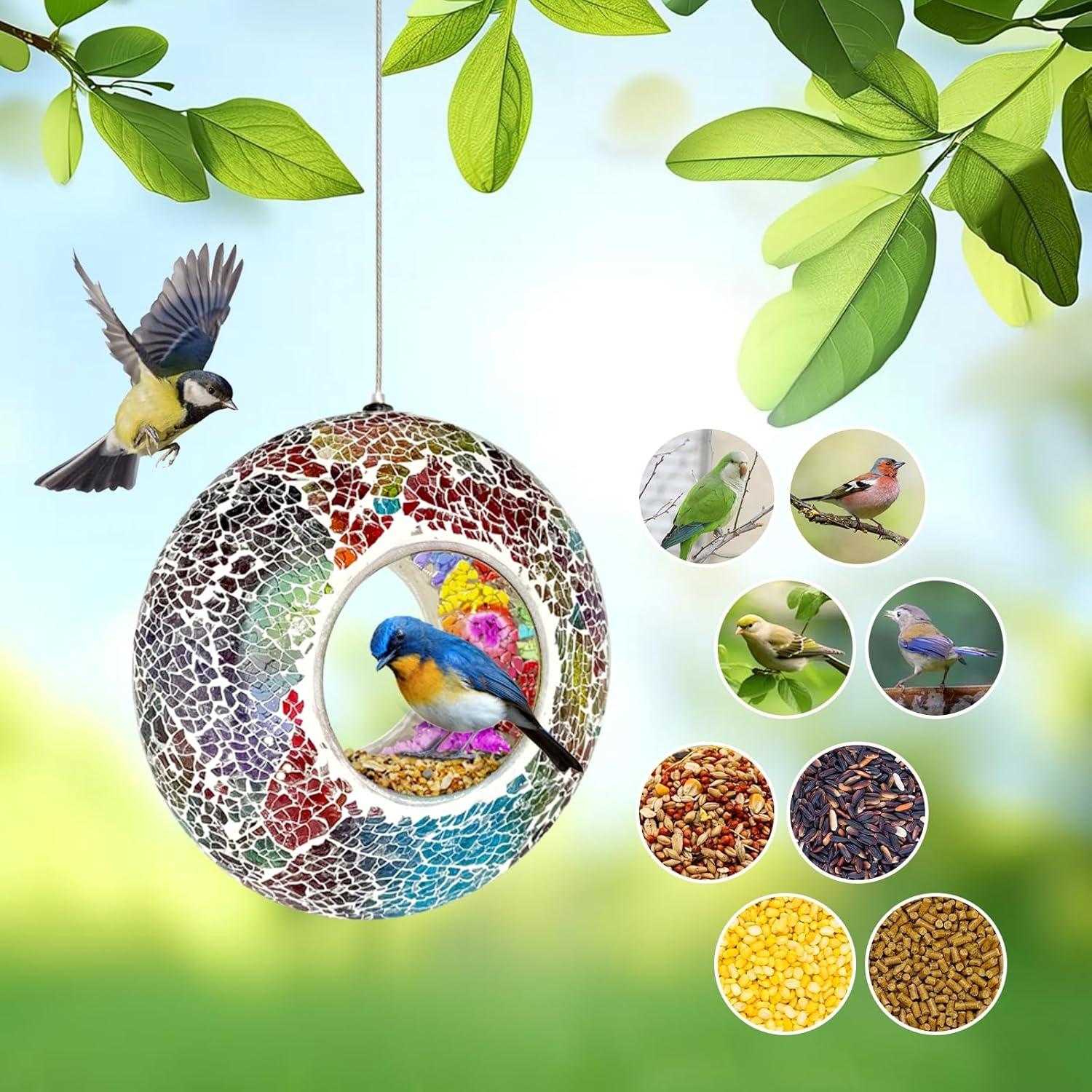 Hanging Bird Feeders for Outdoor Glass Mosaic Fly Through Wild Bird Feeder Round Shape Birdfeeder for Outside Garden Yard Patio Decoration Multicolor