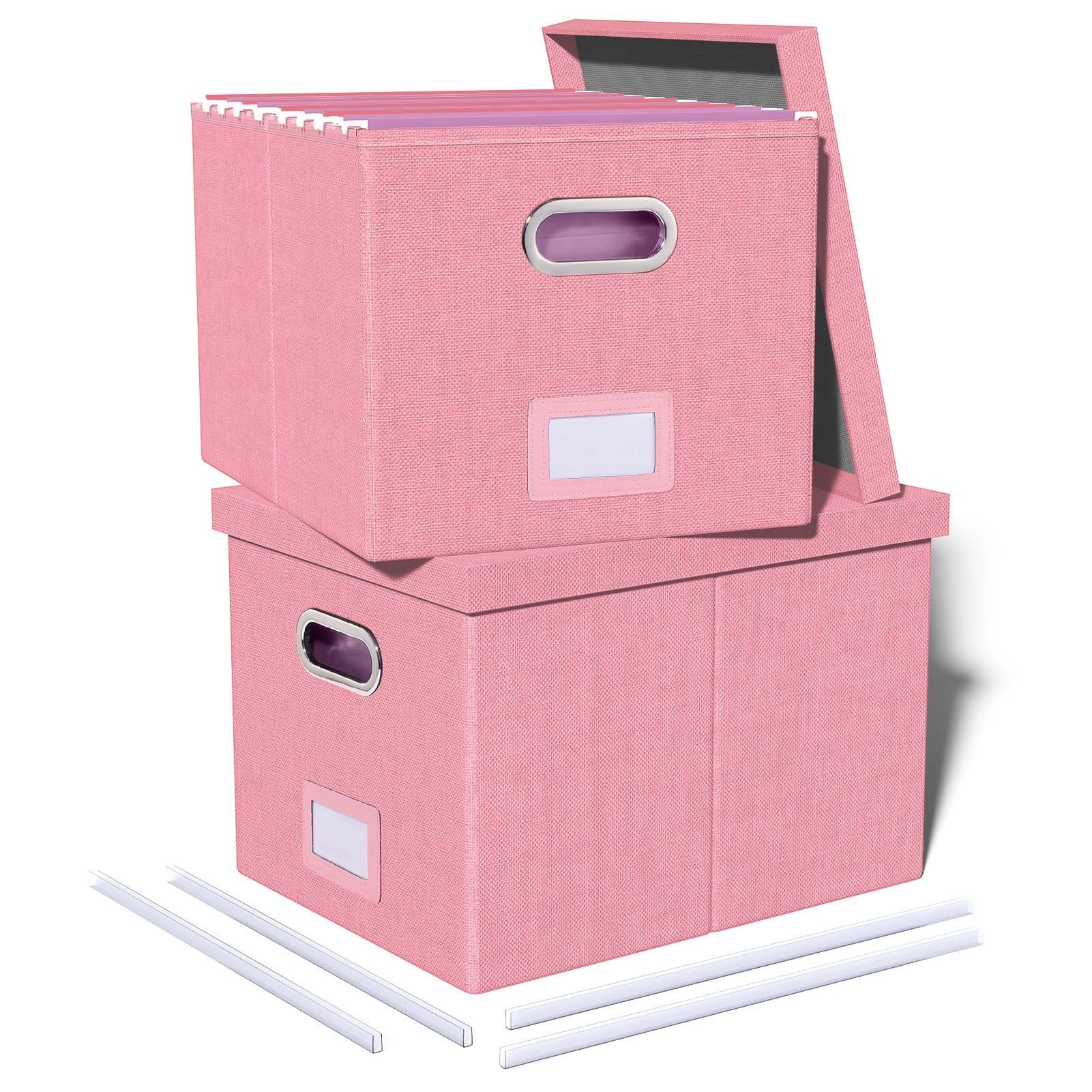 2 Pack File Storage Organizer, Filing Box, Portable File Box with Lid, Fit for Letter/Legal File Folder Storage, document organizer, New-pink