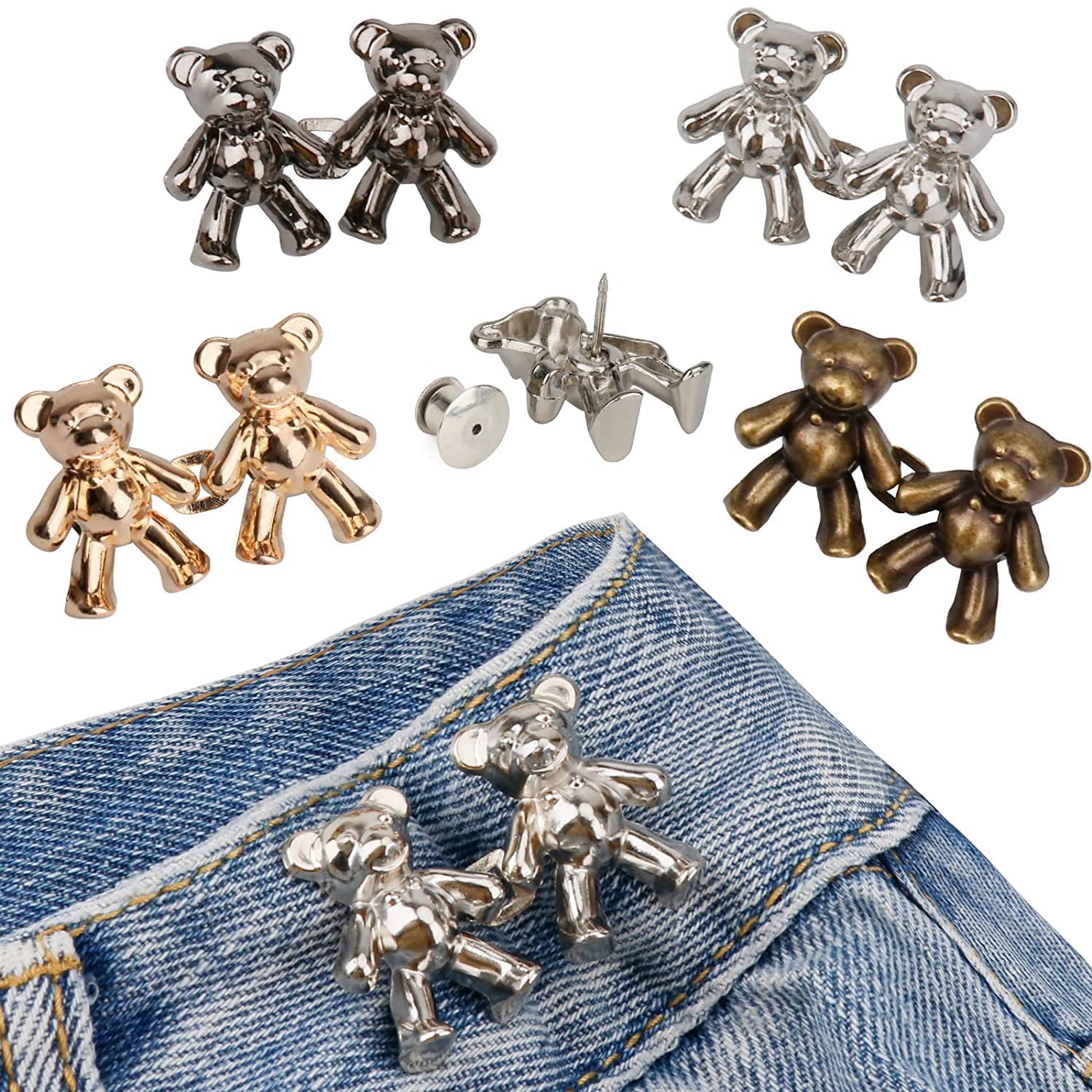 quxup Cute Bear Button Pins for Jeans, No Sew and No Tools Instant Pant Waist Tightener, Adjustable Jean Buttons Pins for Loose Jeans Button Replacement Pant Clips for Waist Buckle (4 Bear)