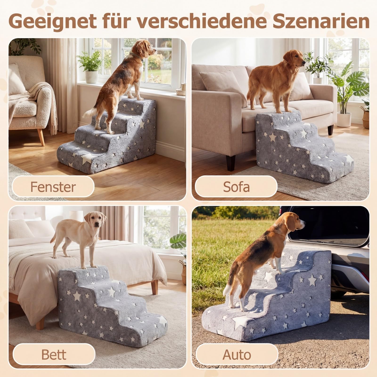 DREAMADE Hundetreppe 50 cm Hoch mit leuchtenden Mustern, Haustiertreppe aus hochdichtem Schaumstoff mit waschbarem Bezug, Katzentreppe mit Rutschfester Boden, für Couch, Sofa & Bett (4 stufig)