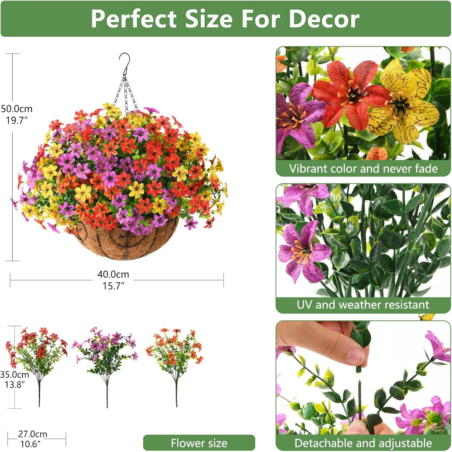 Artificial Flowers Hanging Baskets for Outdoors Spring Decor, 12 Bundles Fake Plants Faux Silk Daisy with Eucalyptus Stem UV Resistant for Basket Outside Patio Window Porch Yard Garden(4 Mix Colors) - Image 2