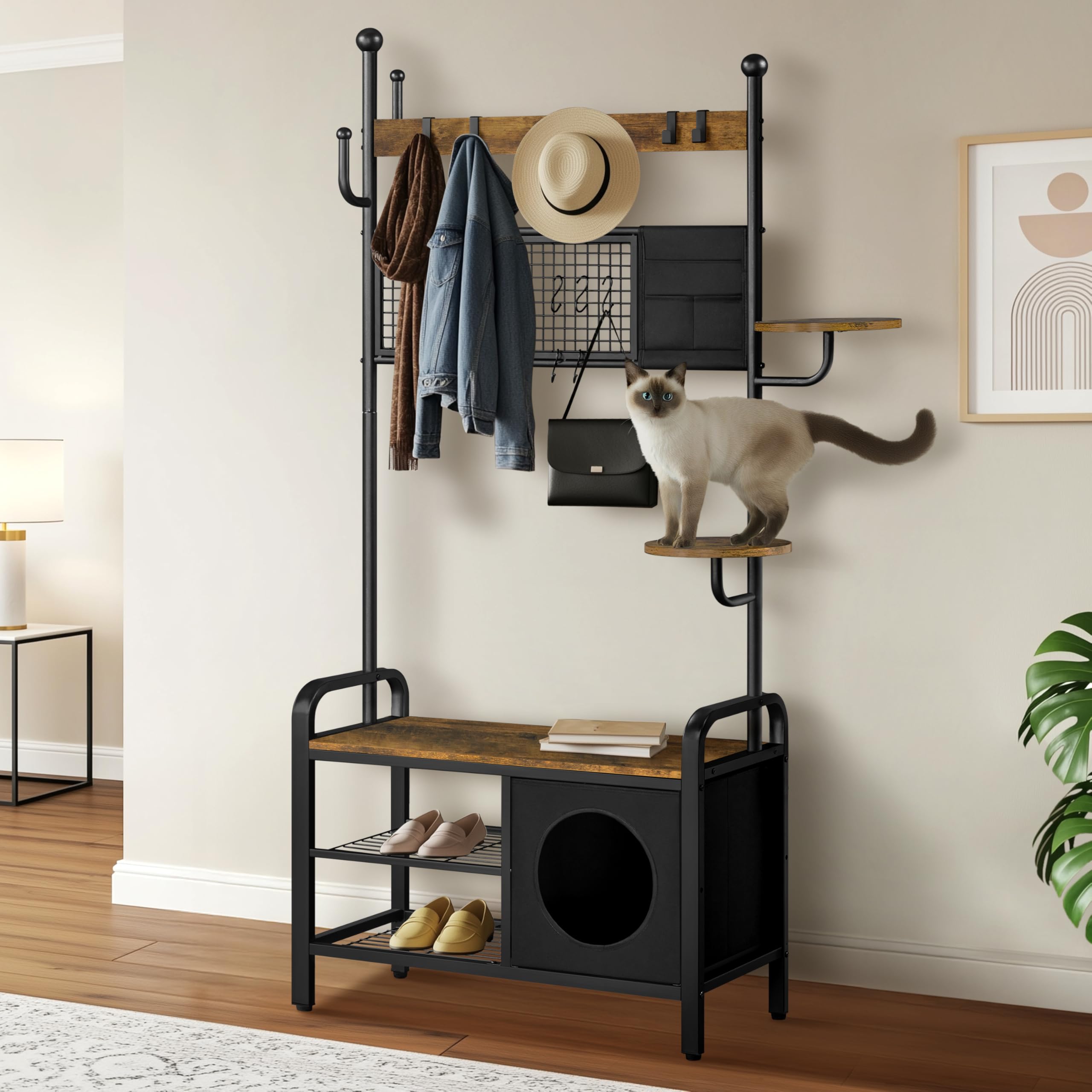 Yaheetech Porte-manteau avec Étagère à Chaussures, Meuble d’Entrée avec Banc, Crochets, Étagère et Niche Chat, 109 x 41,5 cm x 183,5 cm, Style Industriel Chat-Humain, pour Entrée, Couloir, Chambre | Meuble d'entrée peu encombrant | Banc à chaussures et cr